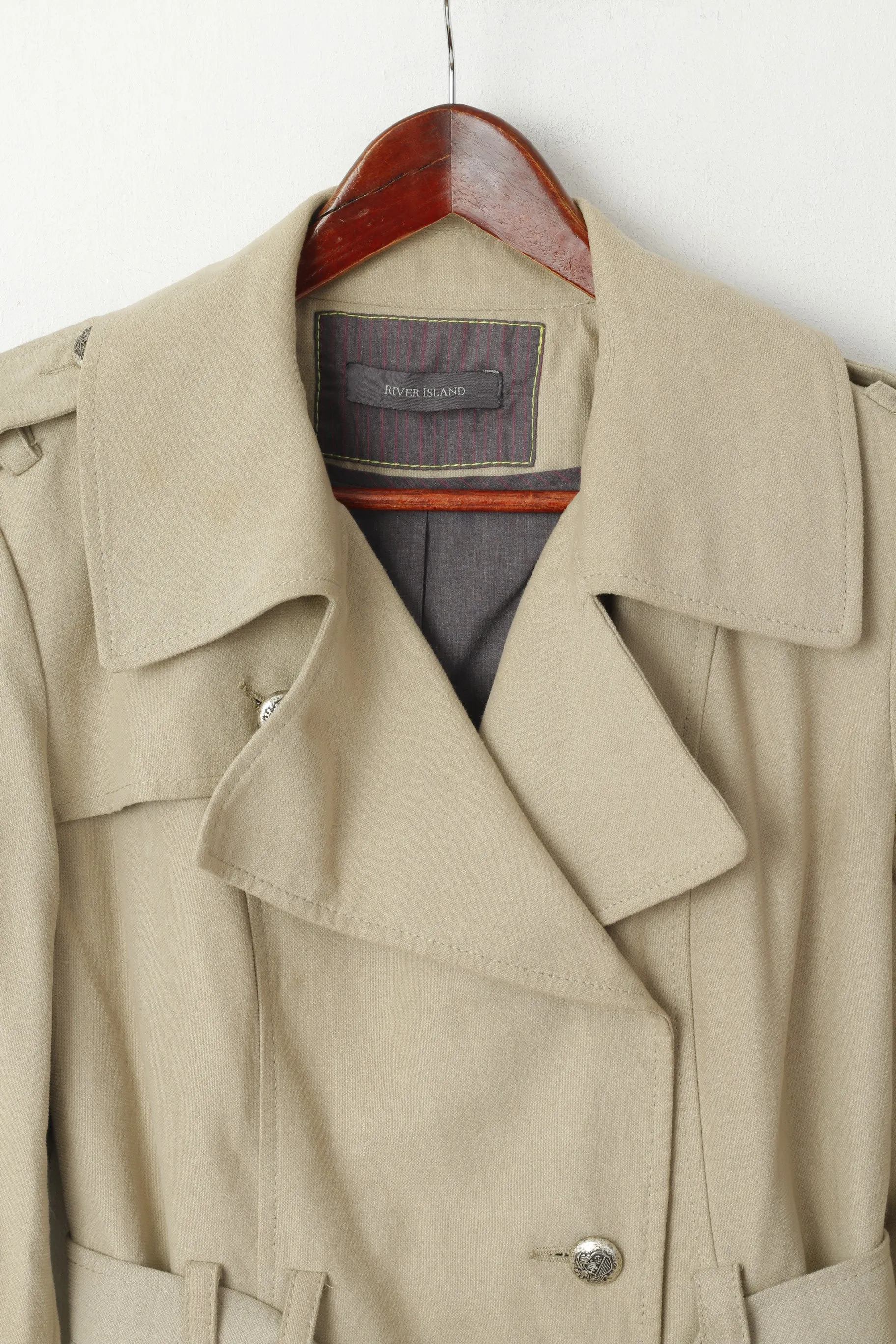 River Island Women 14 40 Jacket Beige Cotton Belted Classic Pea Coat