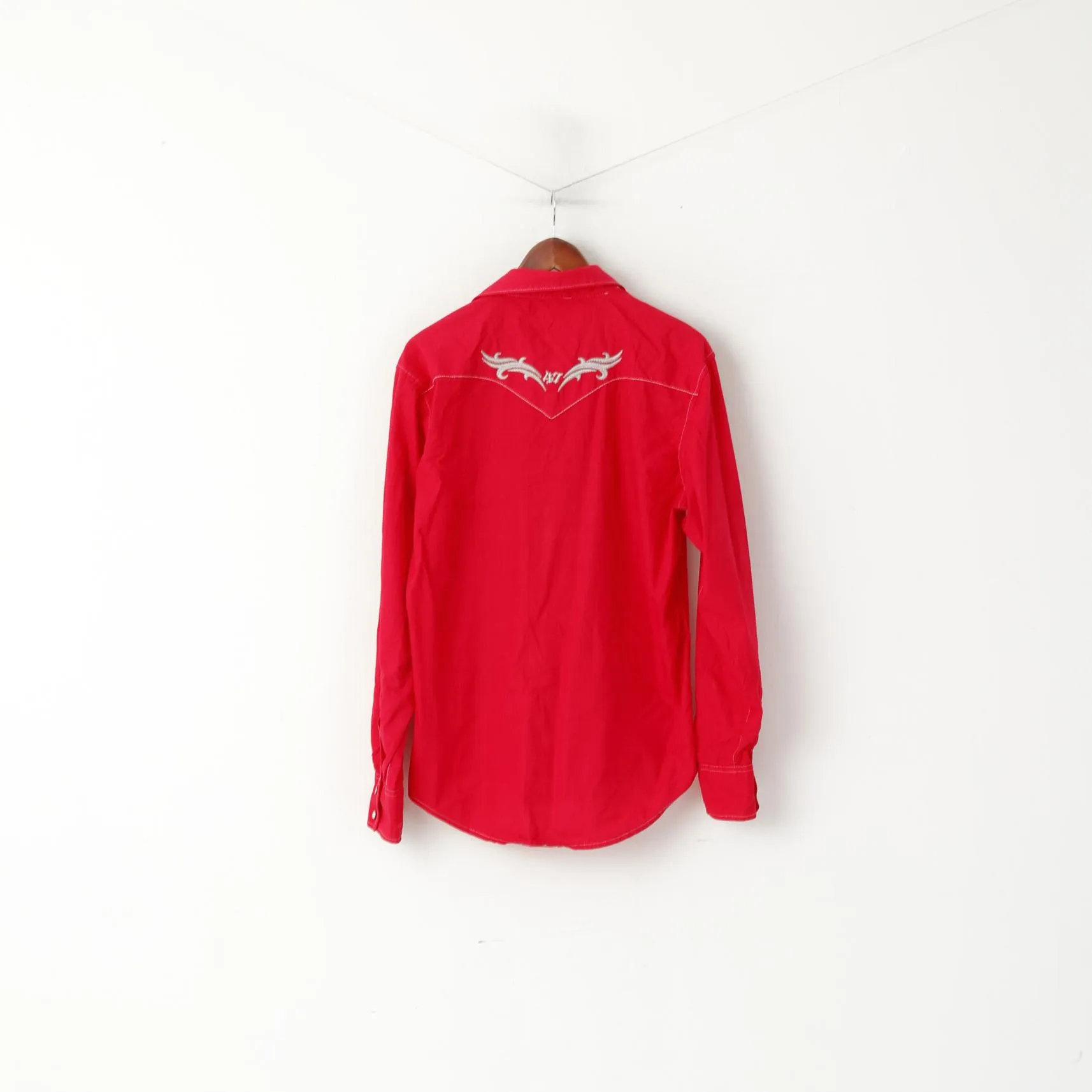 Rock 47 Men L Casual Shirt Red Cotton Embroidered Pearl Snap Long  Sleeve Top