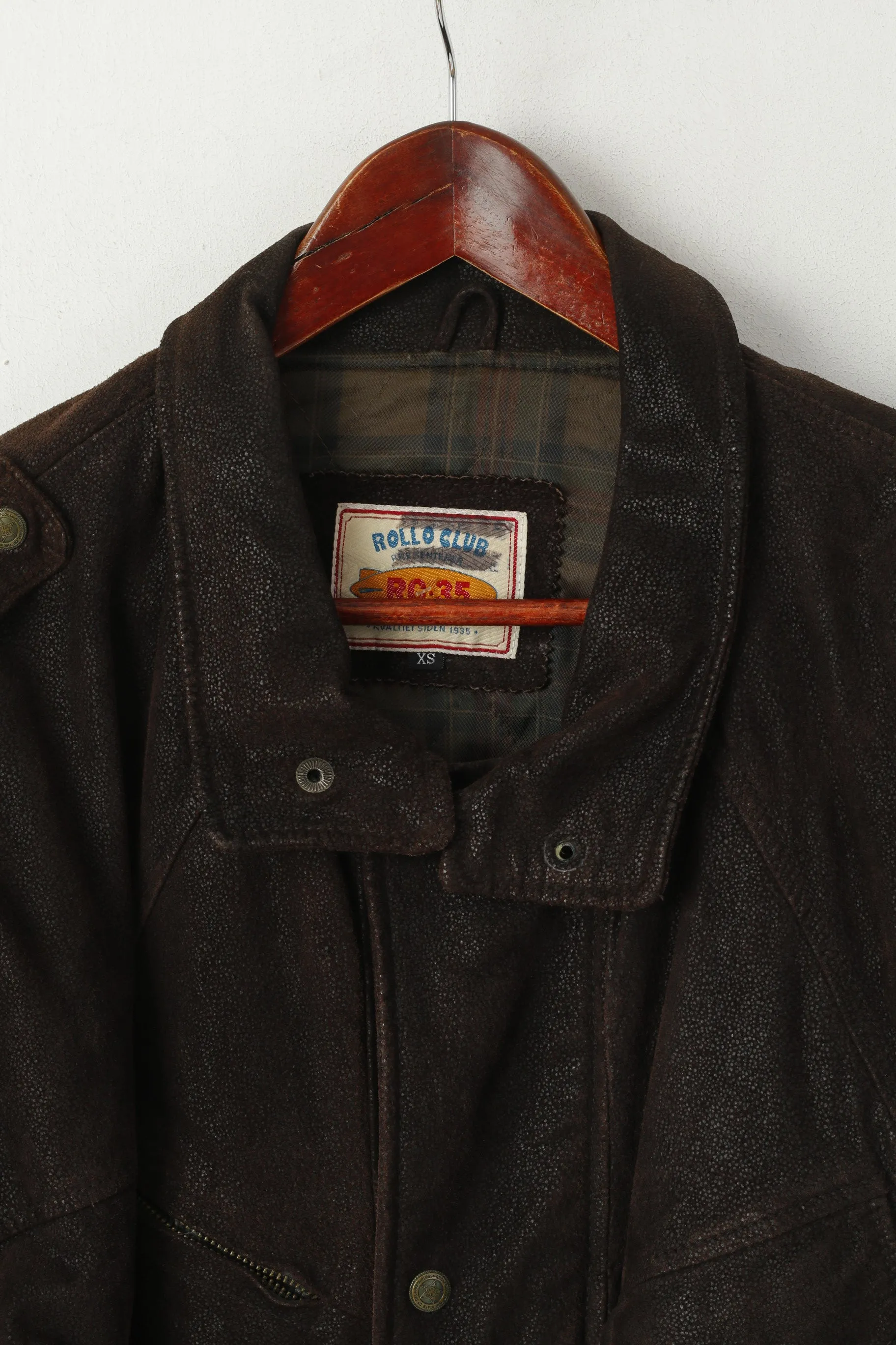 Rollo Club Men XS Jacket Brown Shiny Leather Vintage Biker Full Zipper Pilot Oklahoma Top