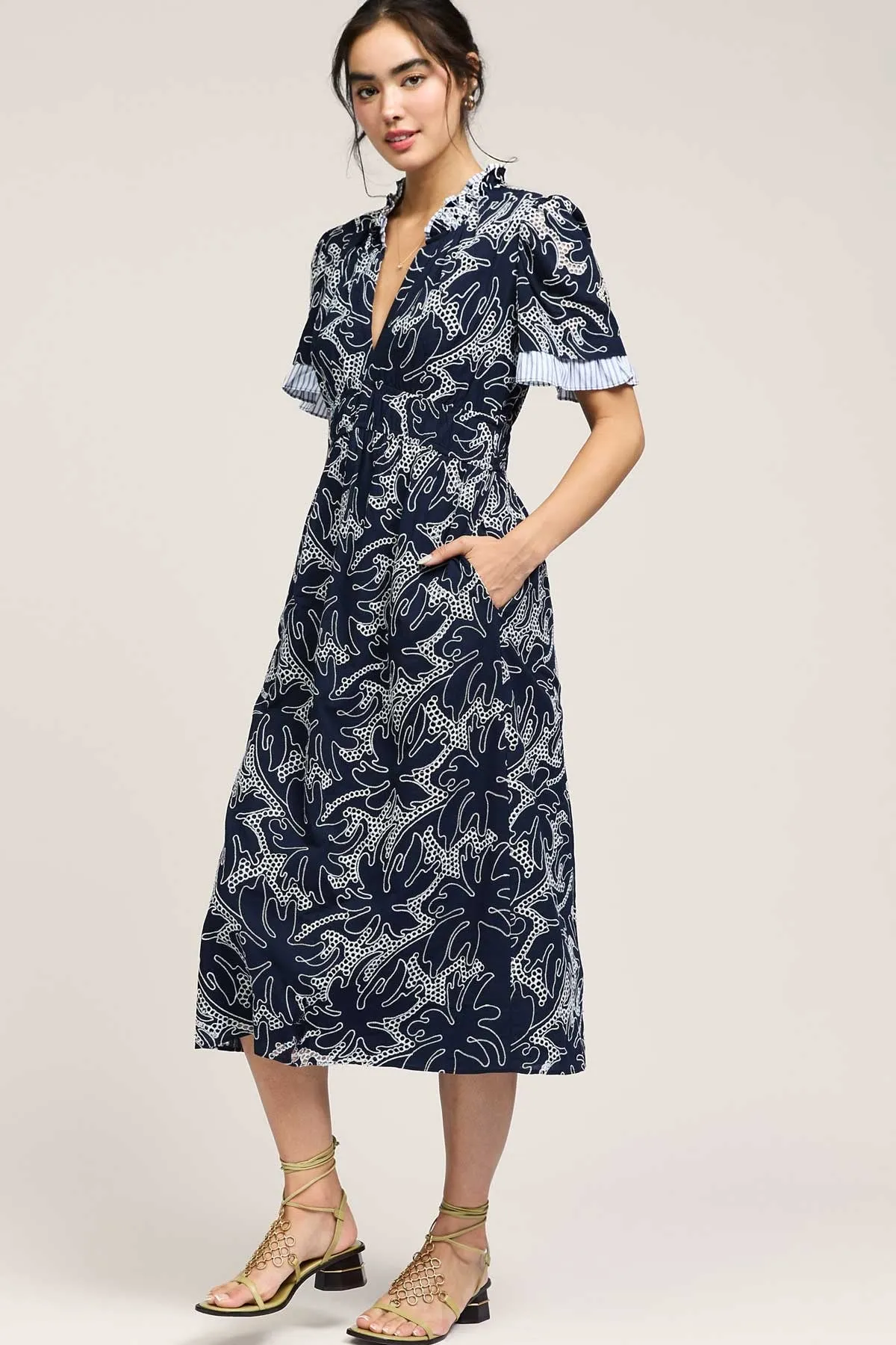 RUFFLE SPLIT NECK EMBROIDERED DRESS