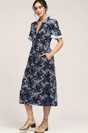 RUFFLE SPLIT NECK EMBROIDERED DRESS
