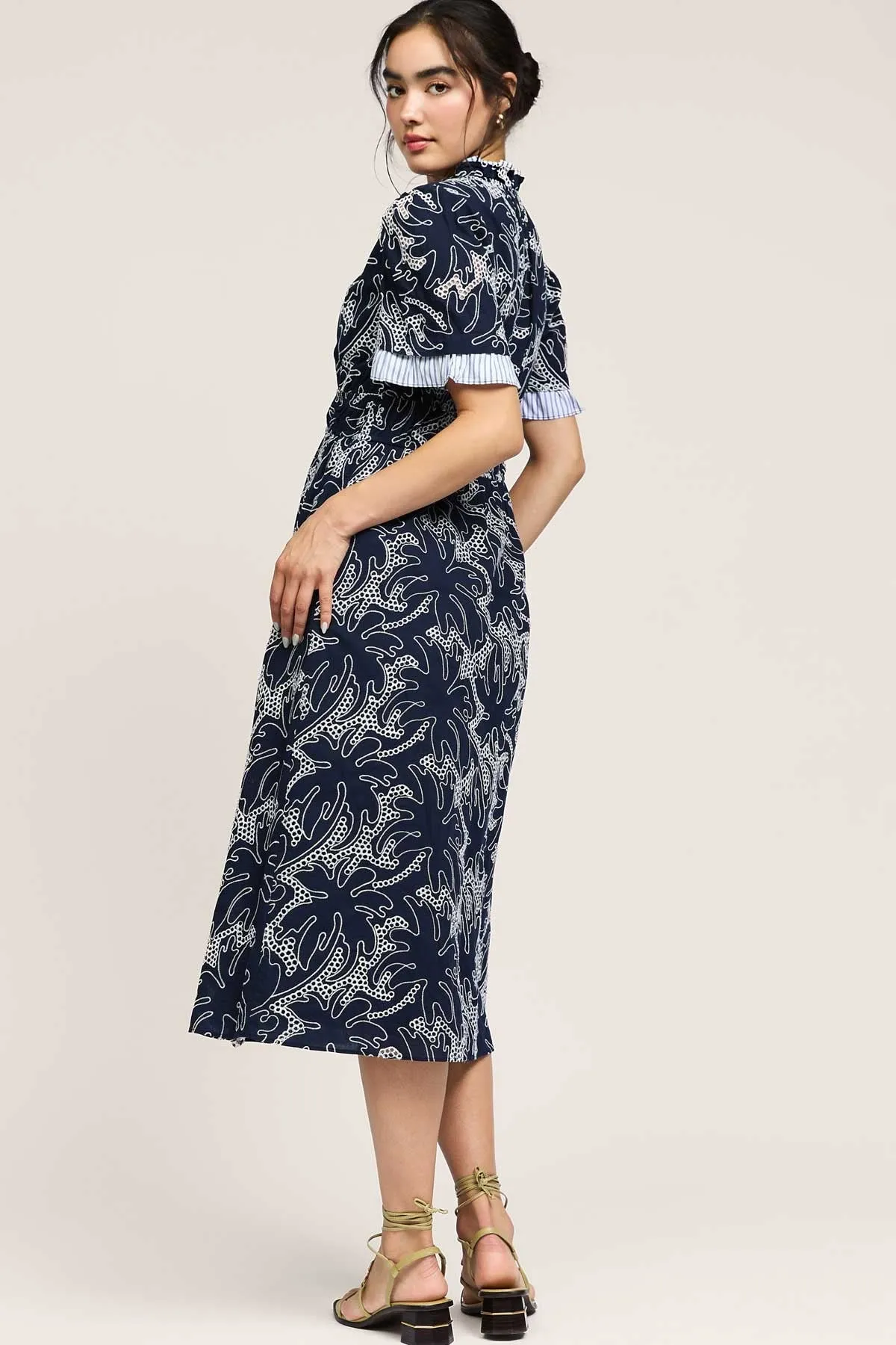 RUFFLE SPLIT NECK EMBROIDERED DRESS