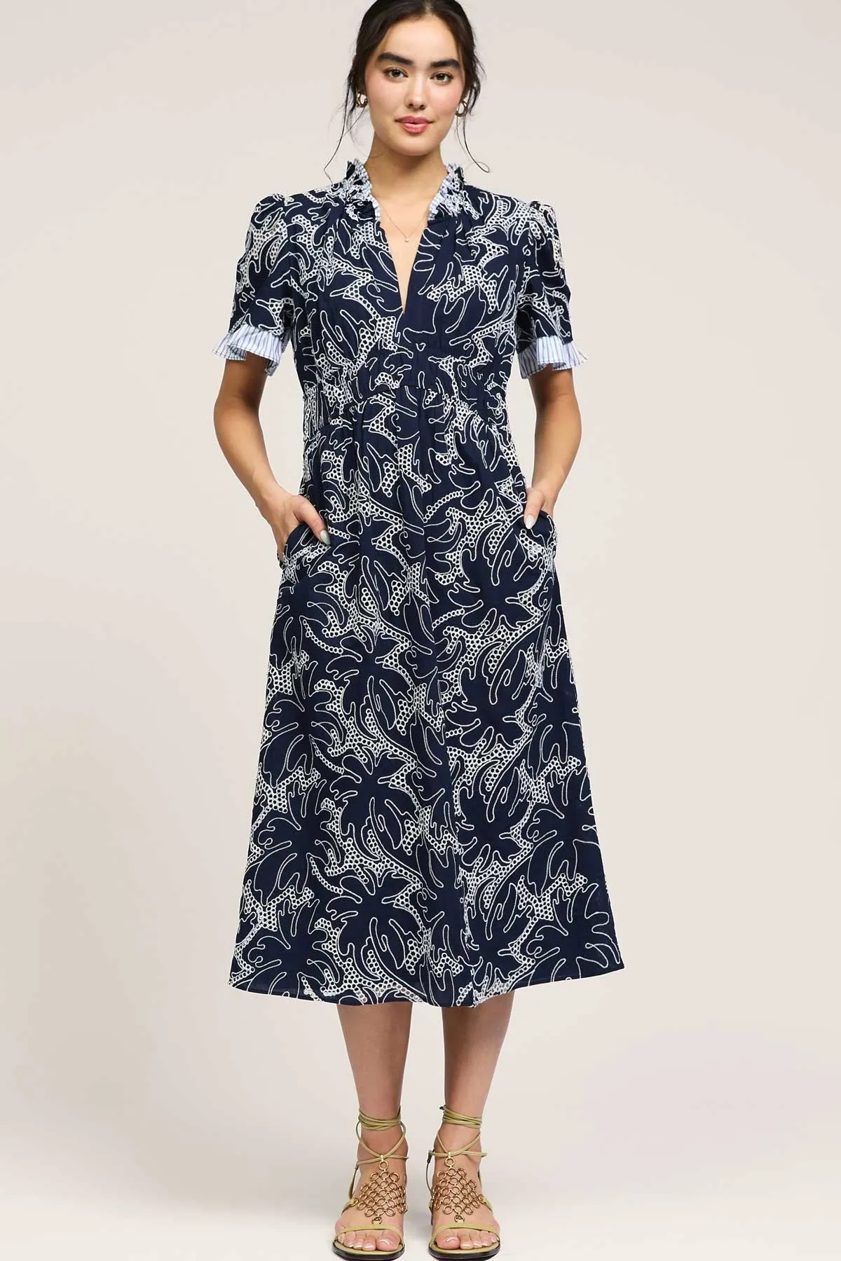 RUFFLE SPLIT NECK EMBROIDERED DRESS