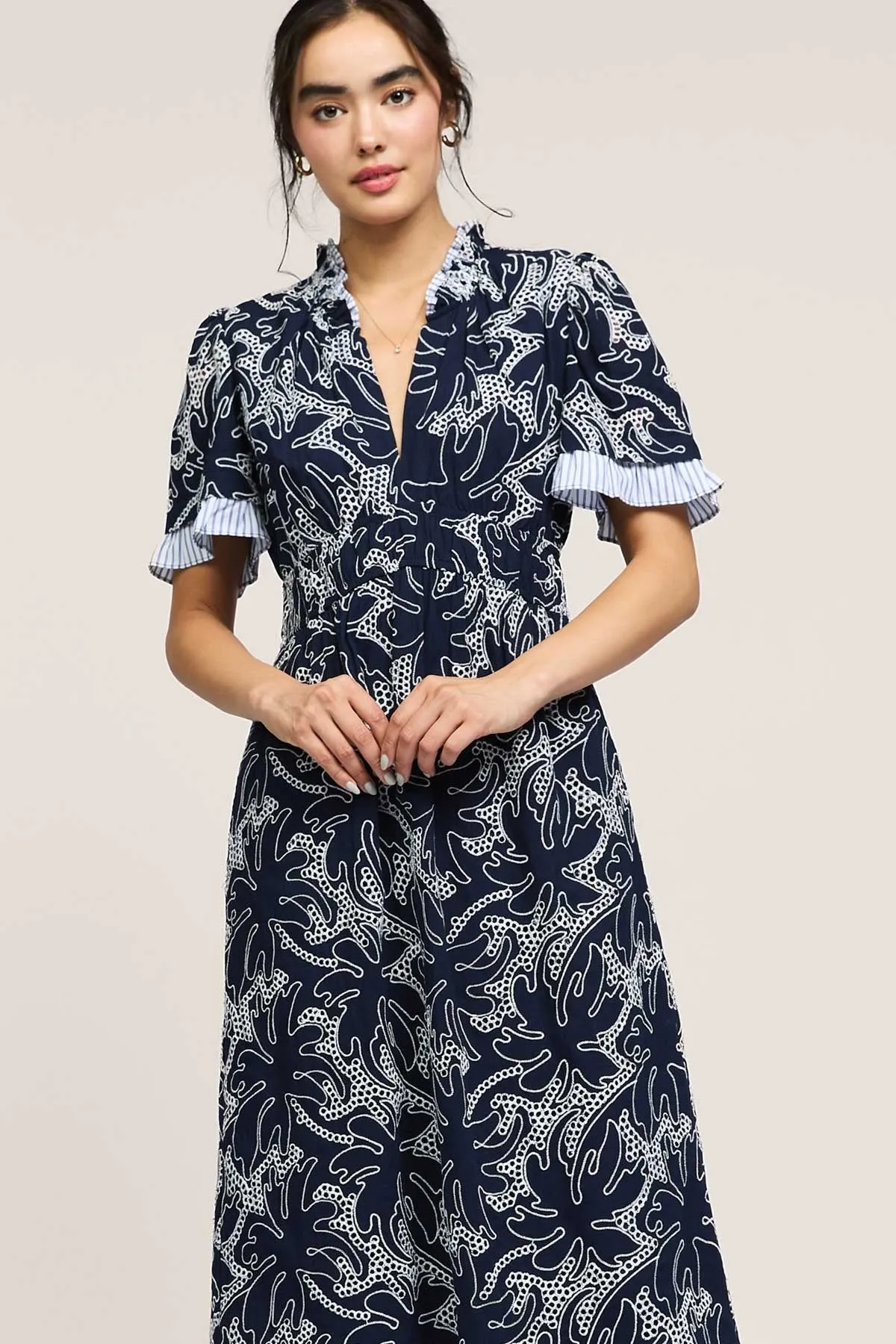 RUFFLE SPLIT NECK EMBROIDERED DRESS