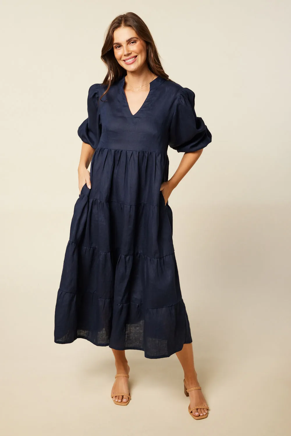 Sabre Linen V-Neck Dress in Navy Adrift