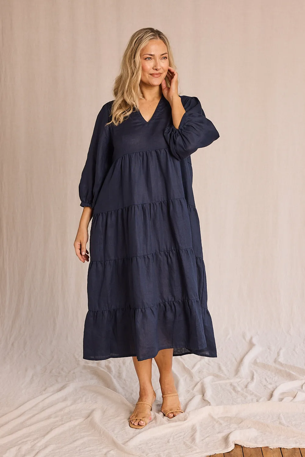 Sabre Linen V-Neck Dress in Navy Adrift