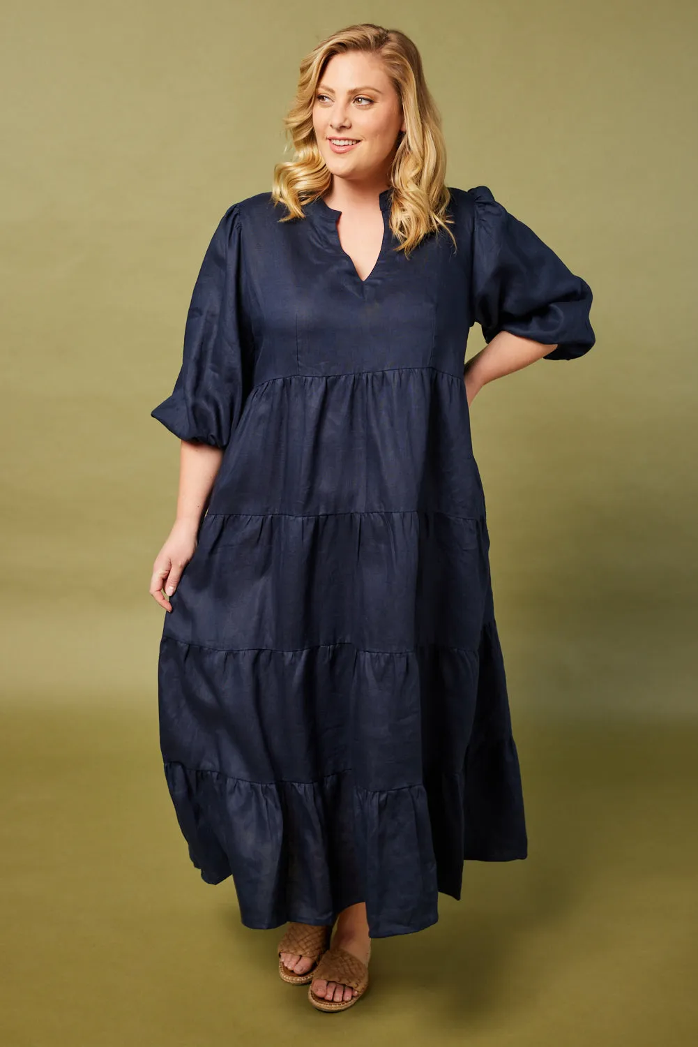 Sabre Linen V-Neck Dress in Navy Adrift