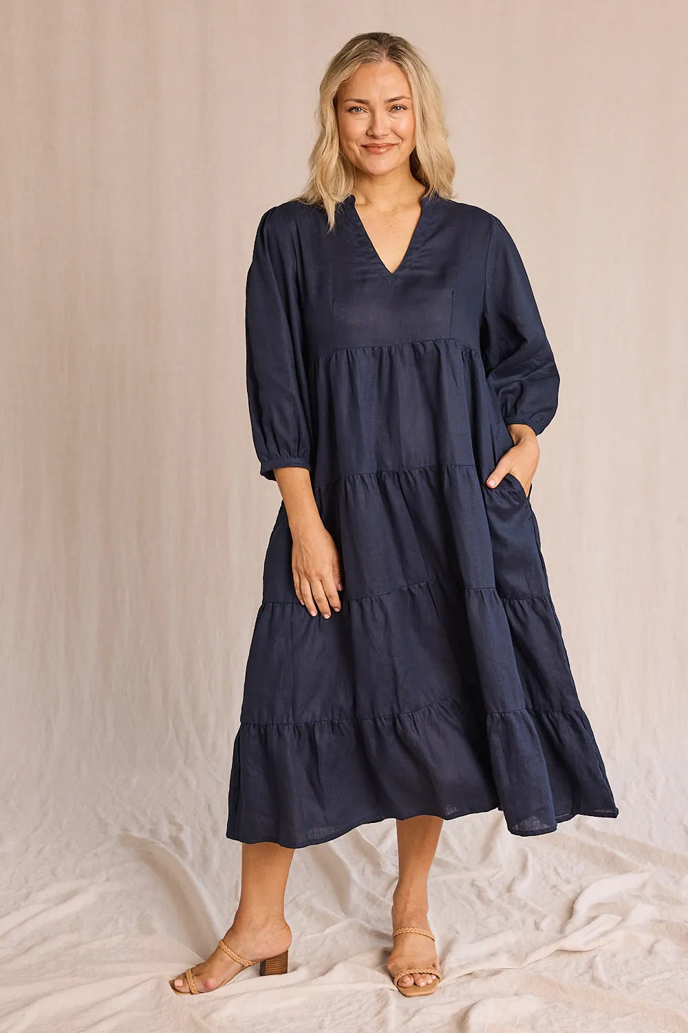 Sabre Linen V-Neck Dress in Navy Adrift