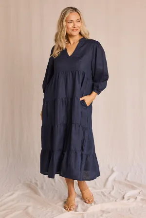 Sabre Linen V-Neck Dress in Navy Adrift