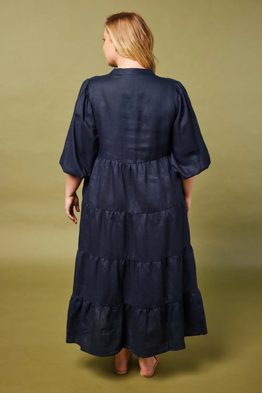 Sabre Linen V-Neck Dress in Navy Adrift