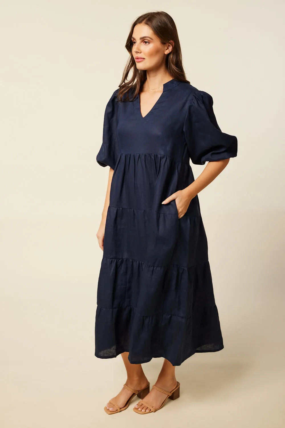 Sabre Linen V-Neck Dress in Navy Adrift