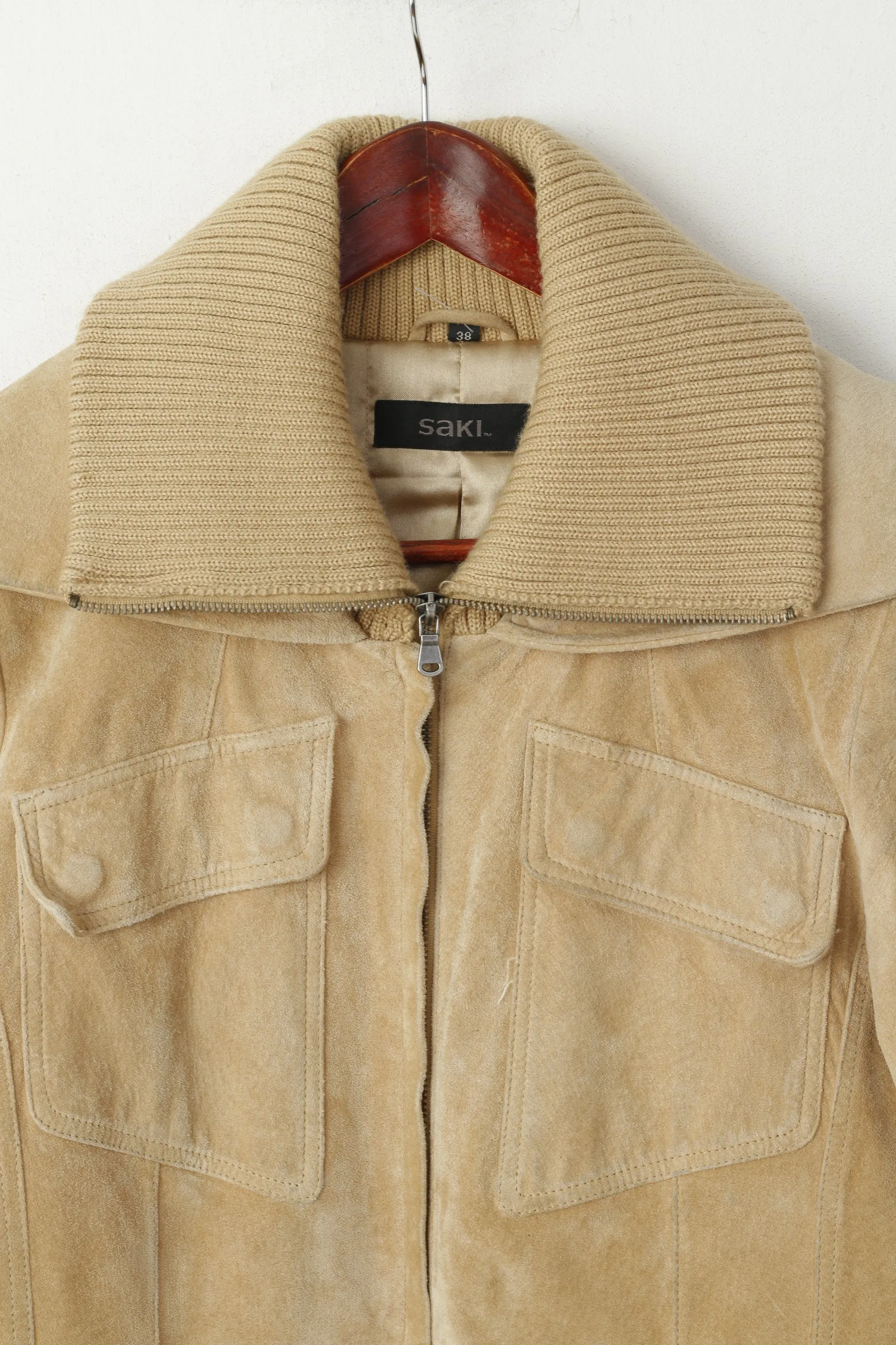 SAKI Women 38 S Coat Beige Suede Leather Full Zipper Casual Vintage Stand Up Collar Top