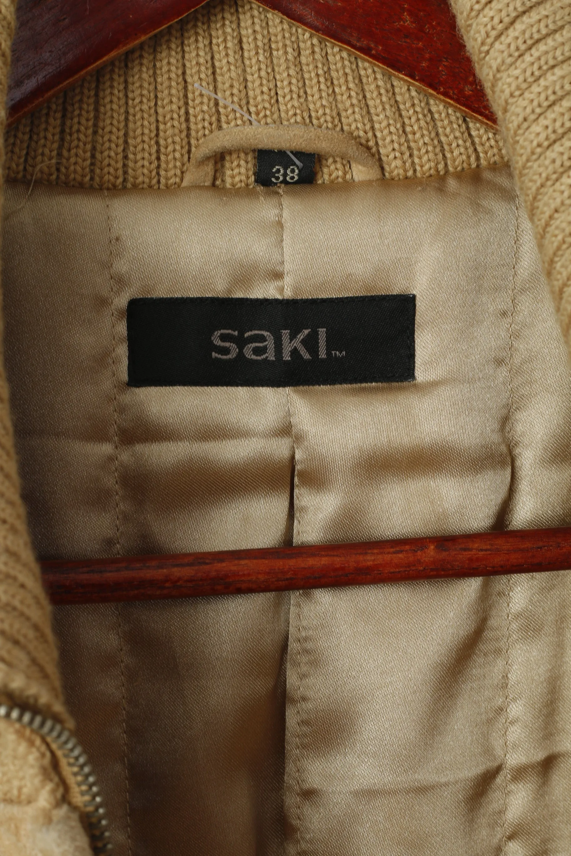 SAKI Women 38 S Coat Beige Suede Leather Full Zipper Casual Vintage Stand Up Collar Top