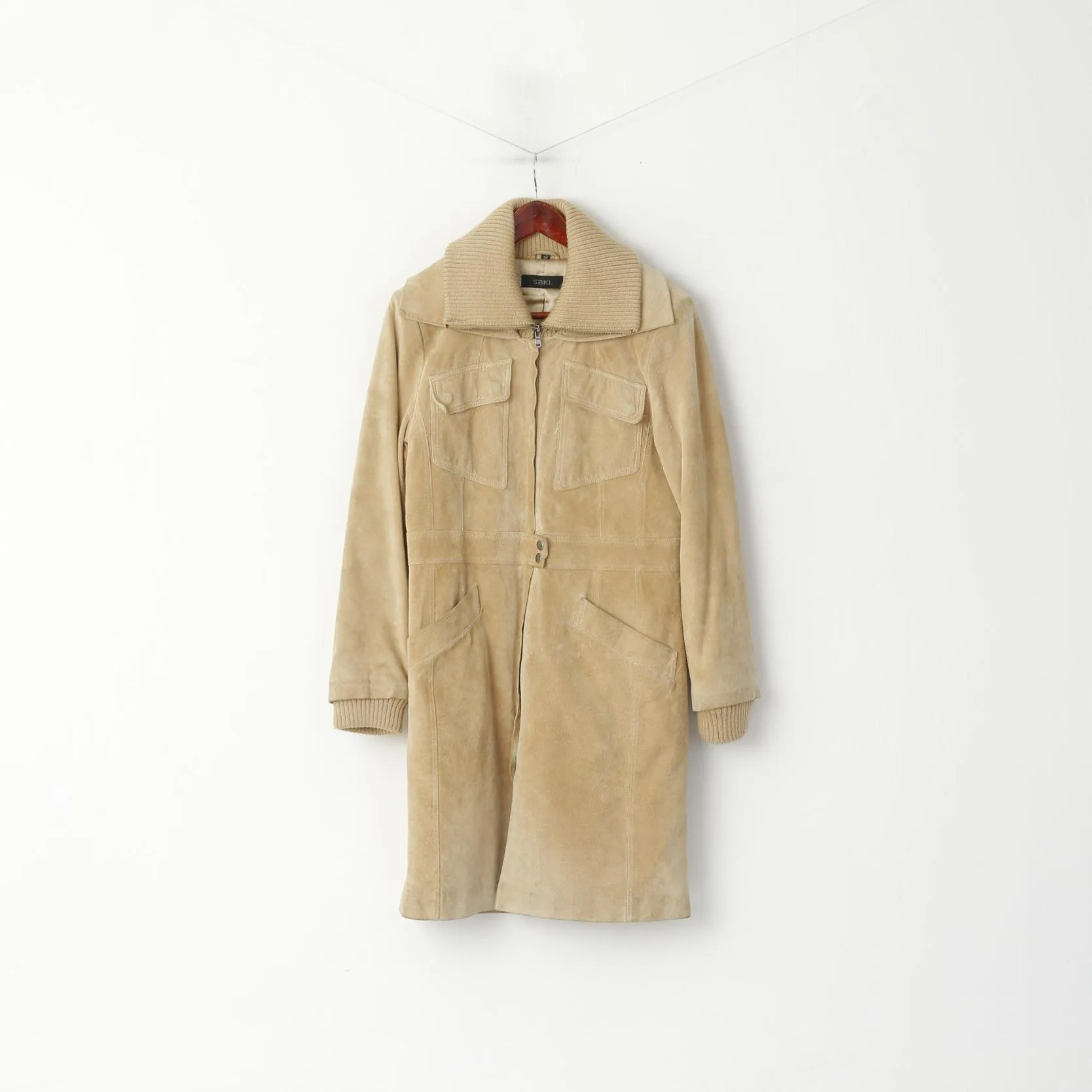 SAKI Women 38 S Coat Beige Suede Leather Full Zipper Casual Vintage Stand Up Collar Top