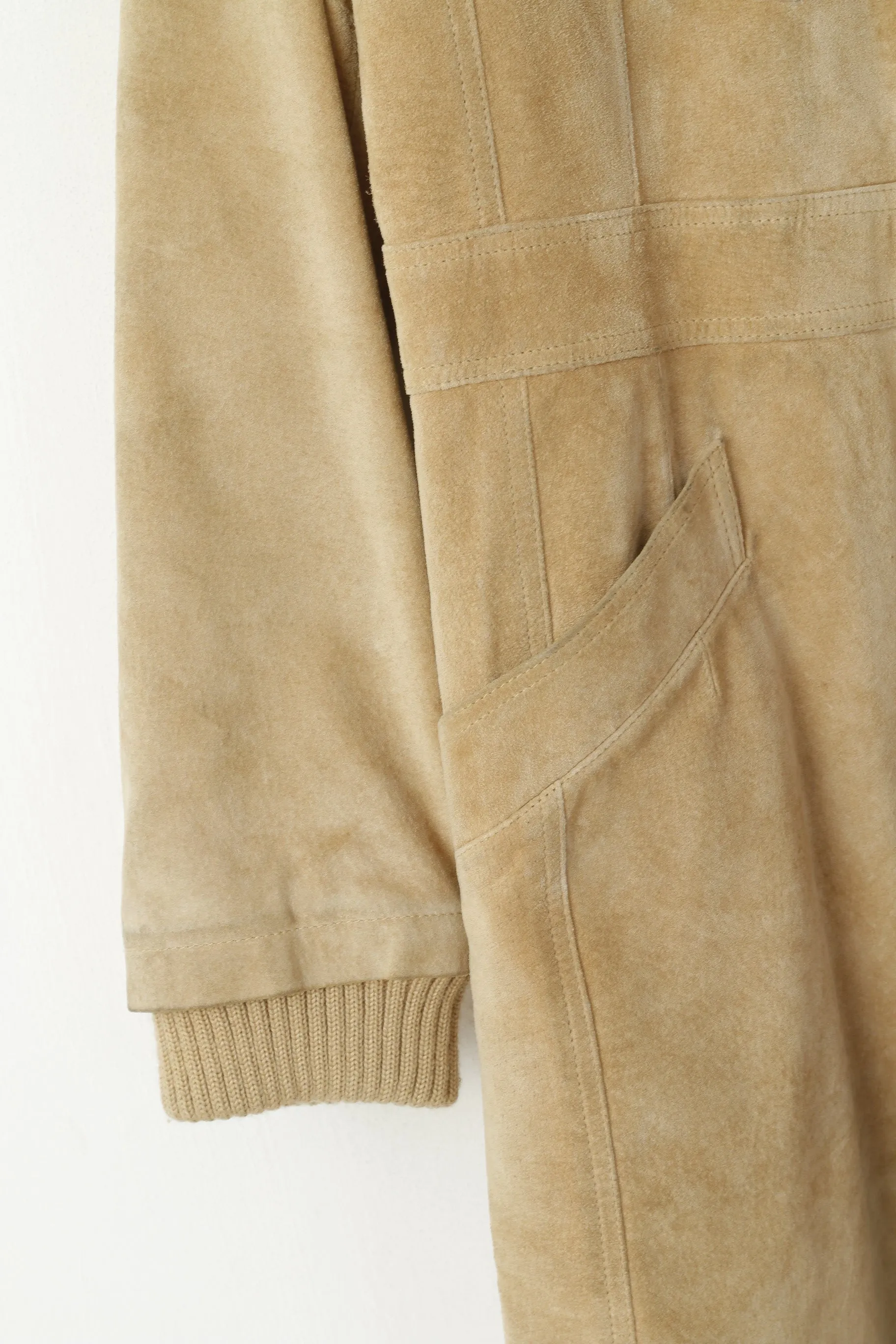 SAKI Women 38 S Coat Beige Suede Leather Full Zipper Casual Vintage Stand Up Collar Top