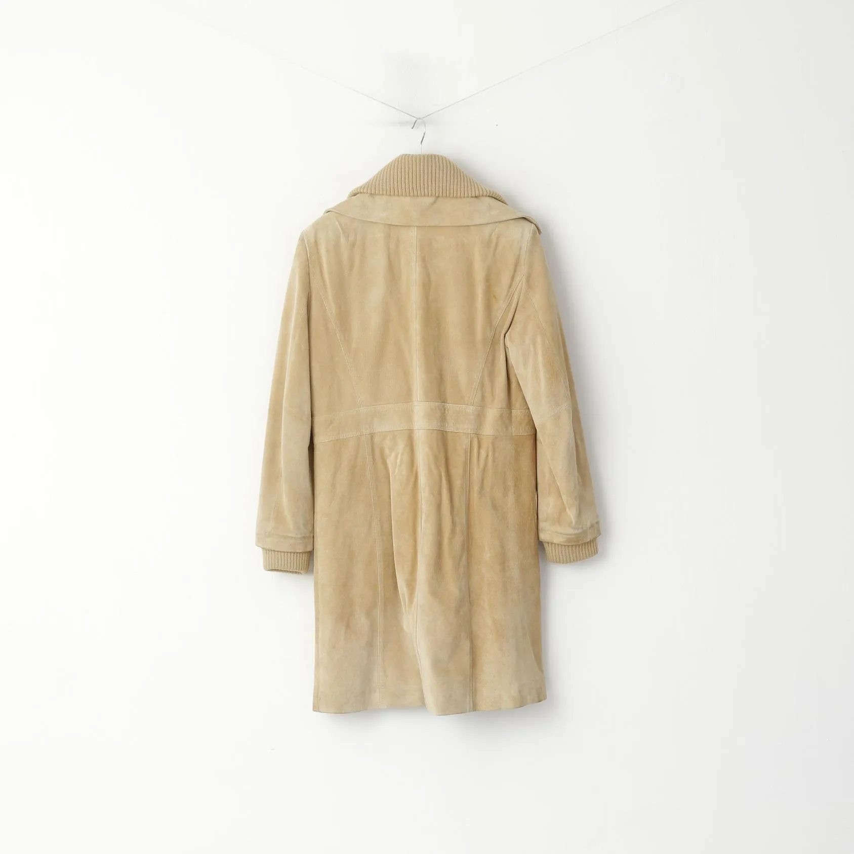 SAKI Women 38 S Coat Beige Suede Leather Full Zipper Casual Vintage Stand Up Collar Top