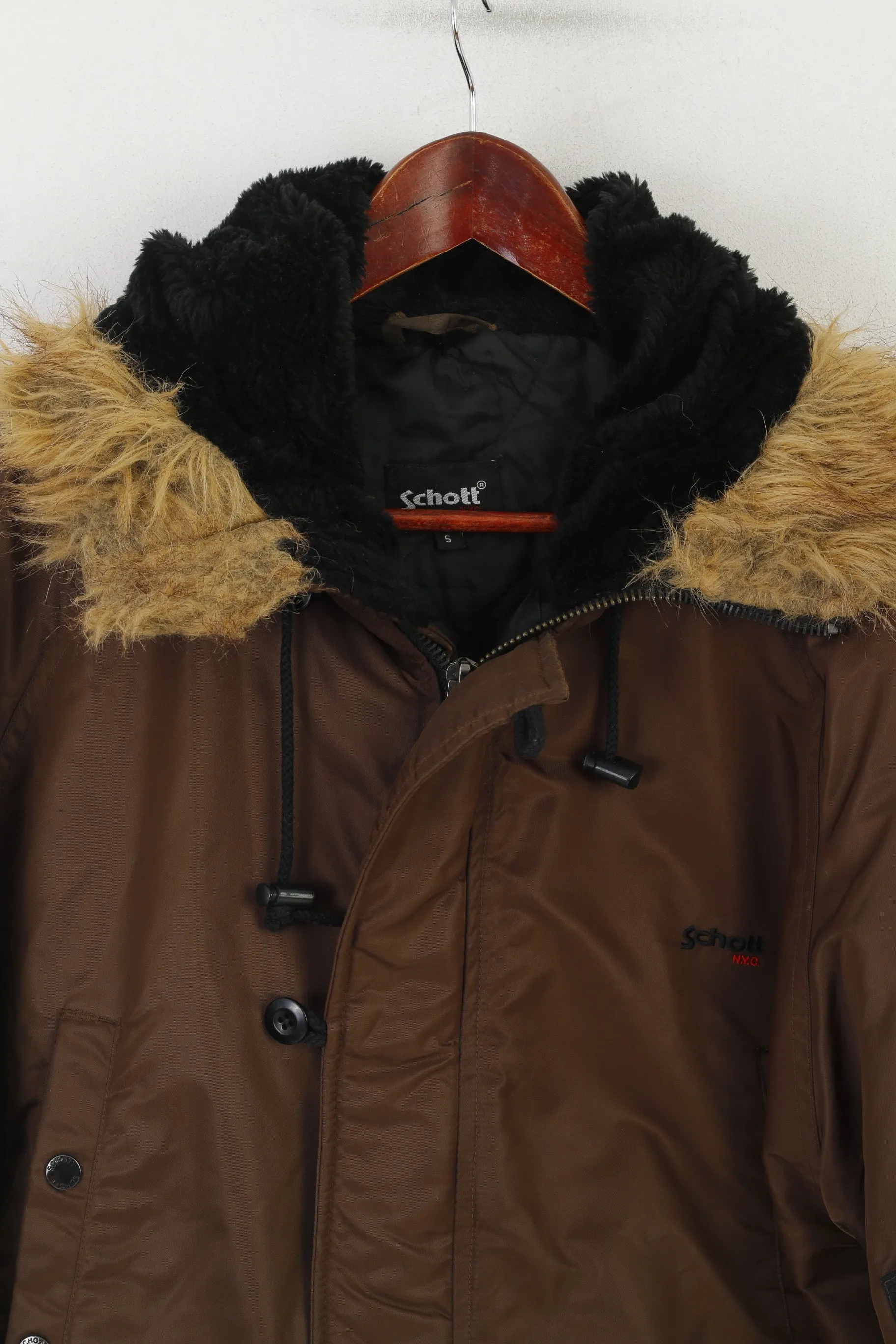 Schott Men S Bomber Jacket Brown Shiny Padded Hood Nylon Waterproof Top