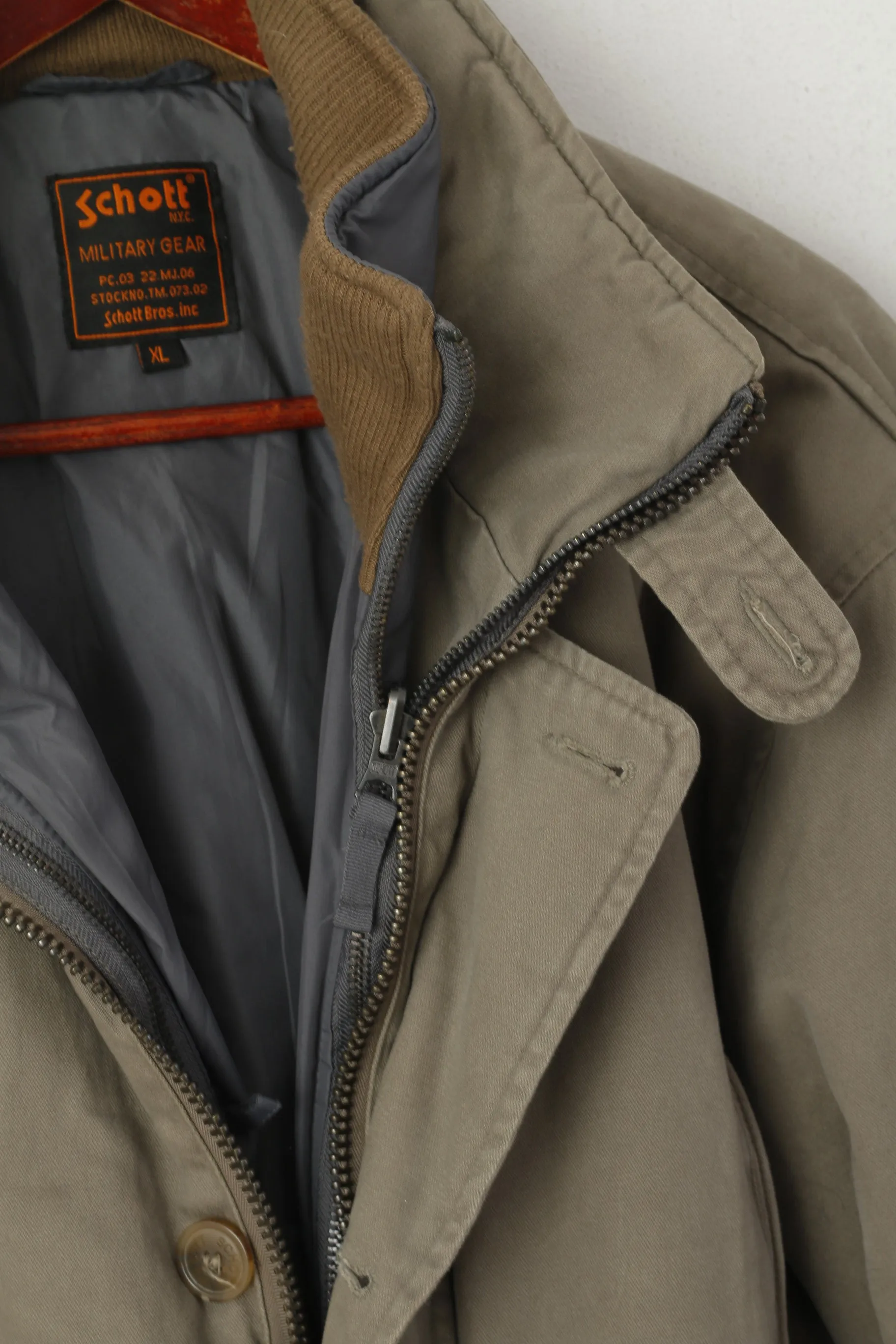 Schott NYC Men XL Jacket Khaki Cotton Military Gear Padded 2in1 Full Zipper Top