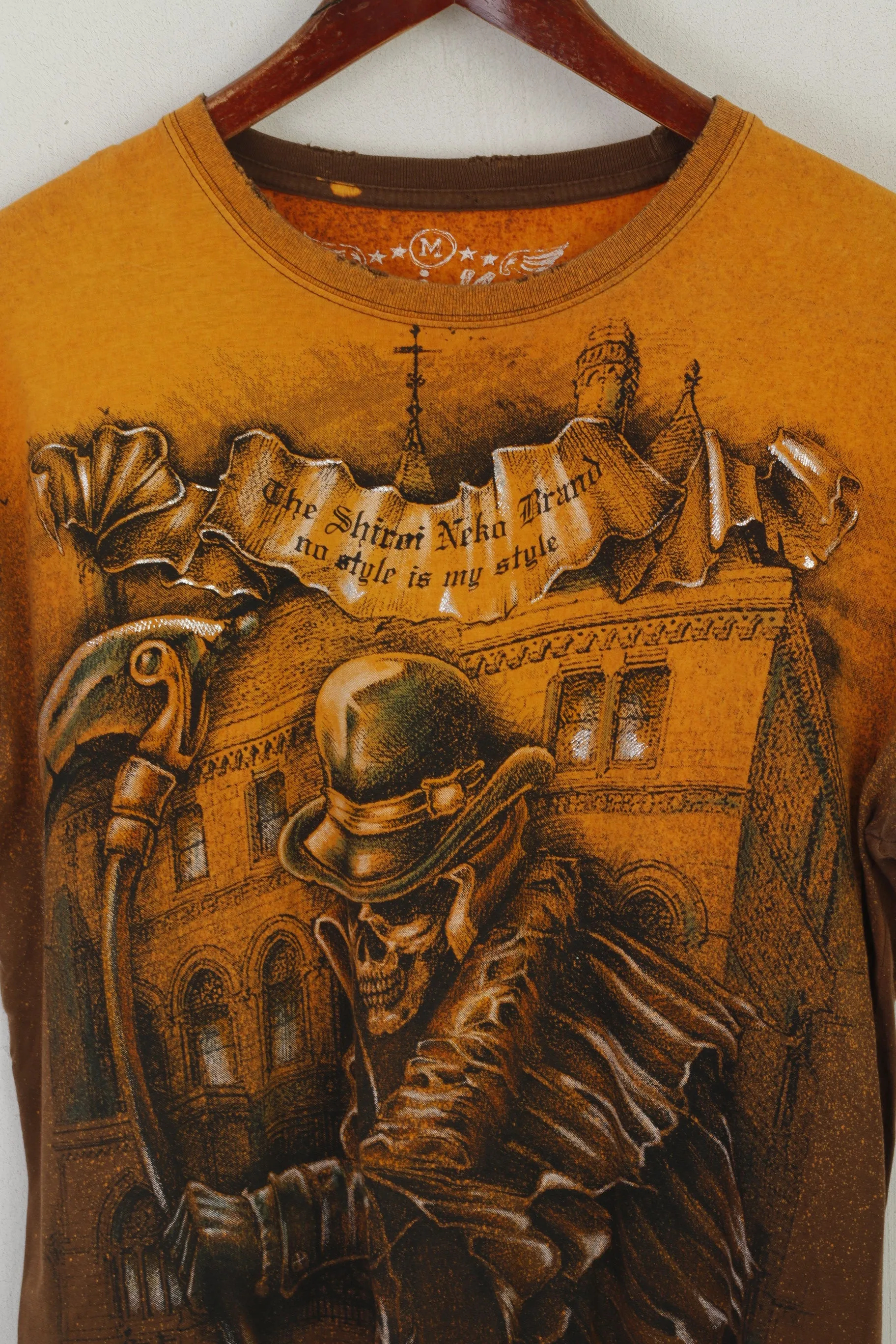 Shirai Neka Men M Shirt Orange Cotton Vintage Skull Scythe Crew Neck Top