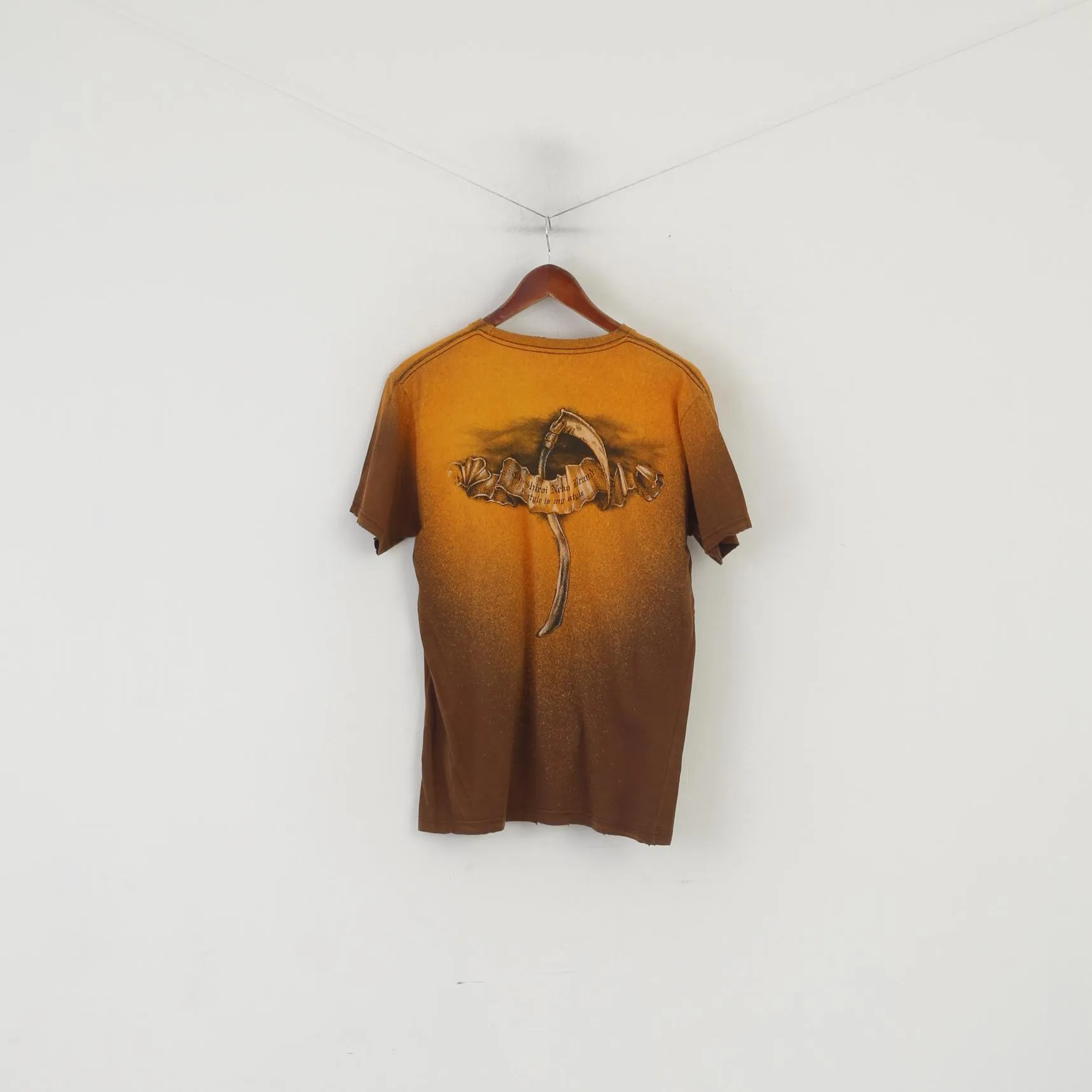 Shirai Neka Men M Shirt Orange Cotton Vintage Skull Scythe Crew Neck Top