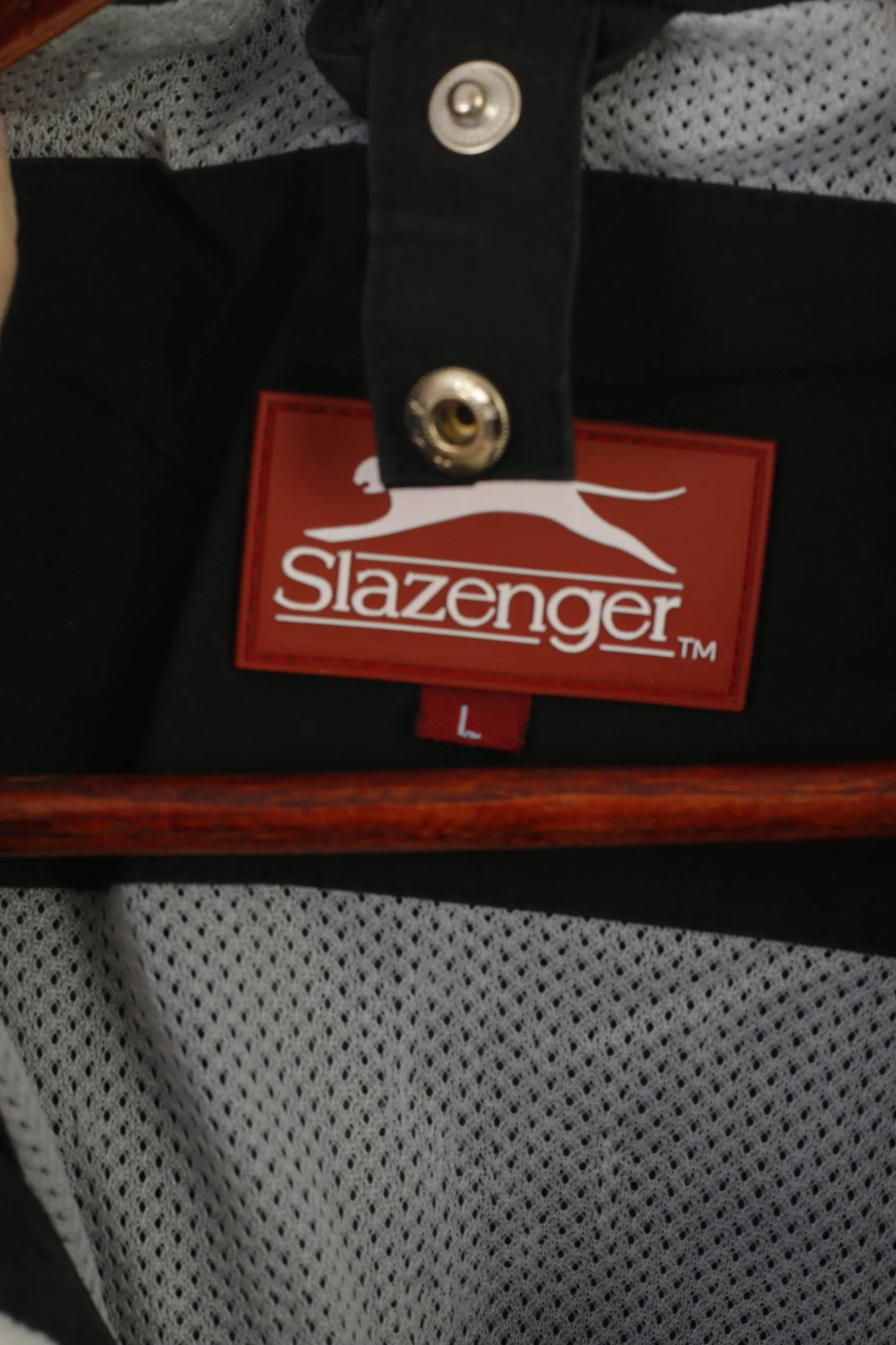 Slazenger Men L Jacket Black Cotton Nylon Hooded Outdoor Full Zipper Vintage Top