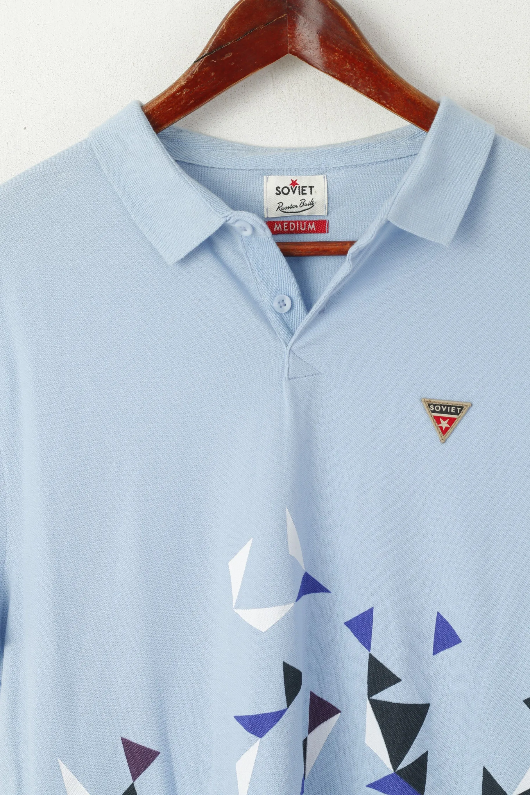 Soviet Russian Built Men M Polo Shirt Blue Cotton Triangle Printed Detailed Buttons Top