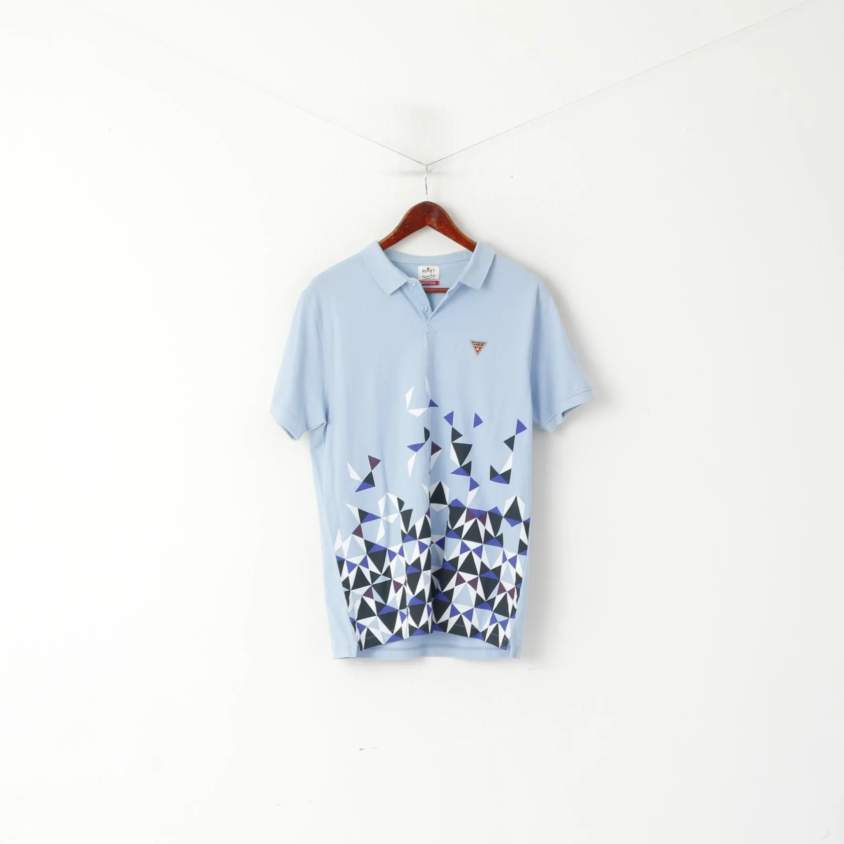 Soviet Russian Built Men M Polo Shirt Blue Cotton Triangle Printed Detailed Buttons Top