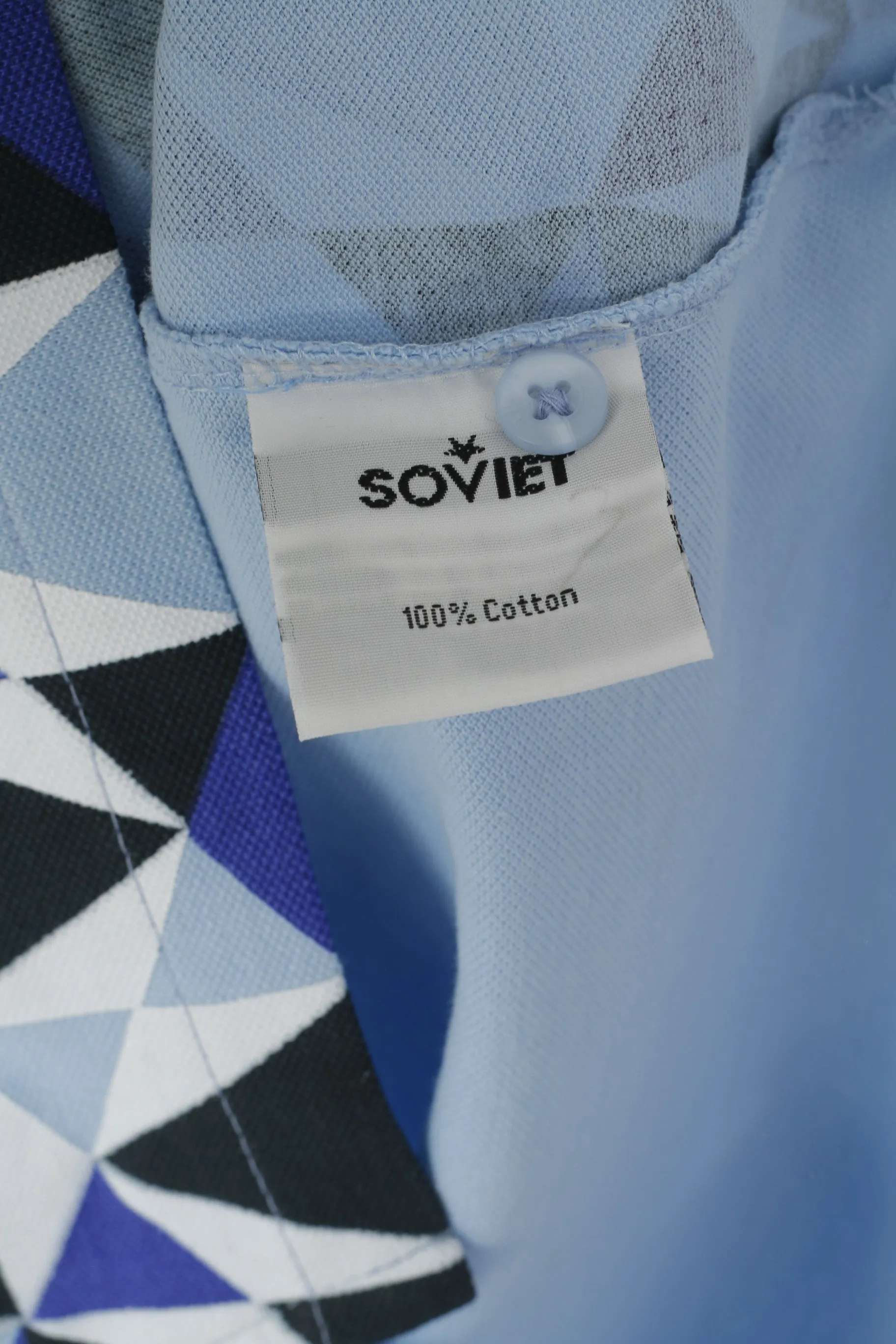 Soviet Russian Built Men M Polo Shirt Blue Cotton Triangle Printed Detailed Buttons Top