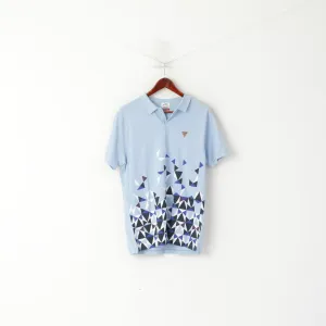 Soviet Russian Built Men M Polo Shirt Blue Cotton Triangle Printed Detailed Buttons Top