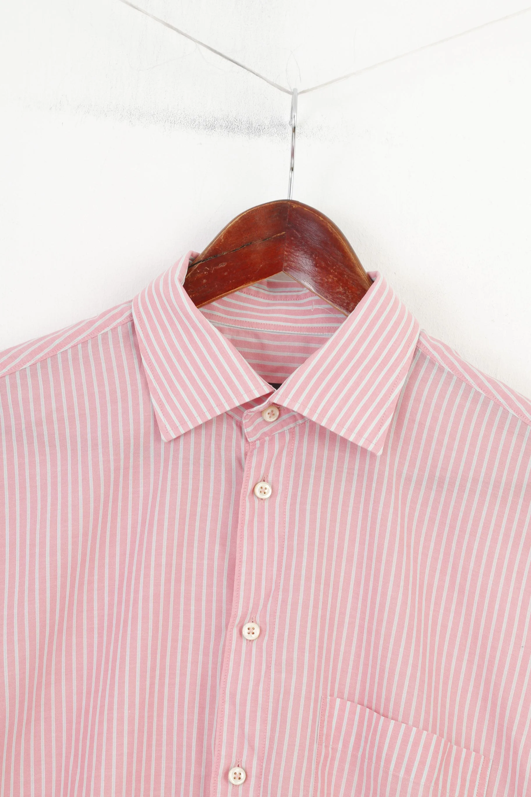 Strellson Men 40 15 3/4 Casual Shirt Pink Striped Cotton Short Sleeve Top