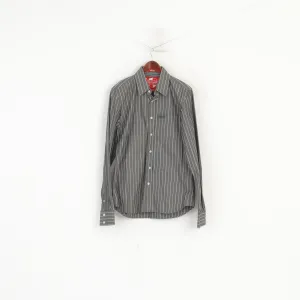 Superdry Men XL (L) Casual Shirt Grey Cotton Striped Long Sleeve Slim Fit Top