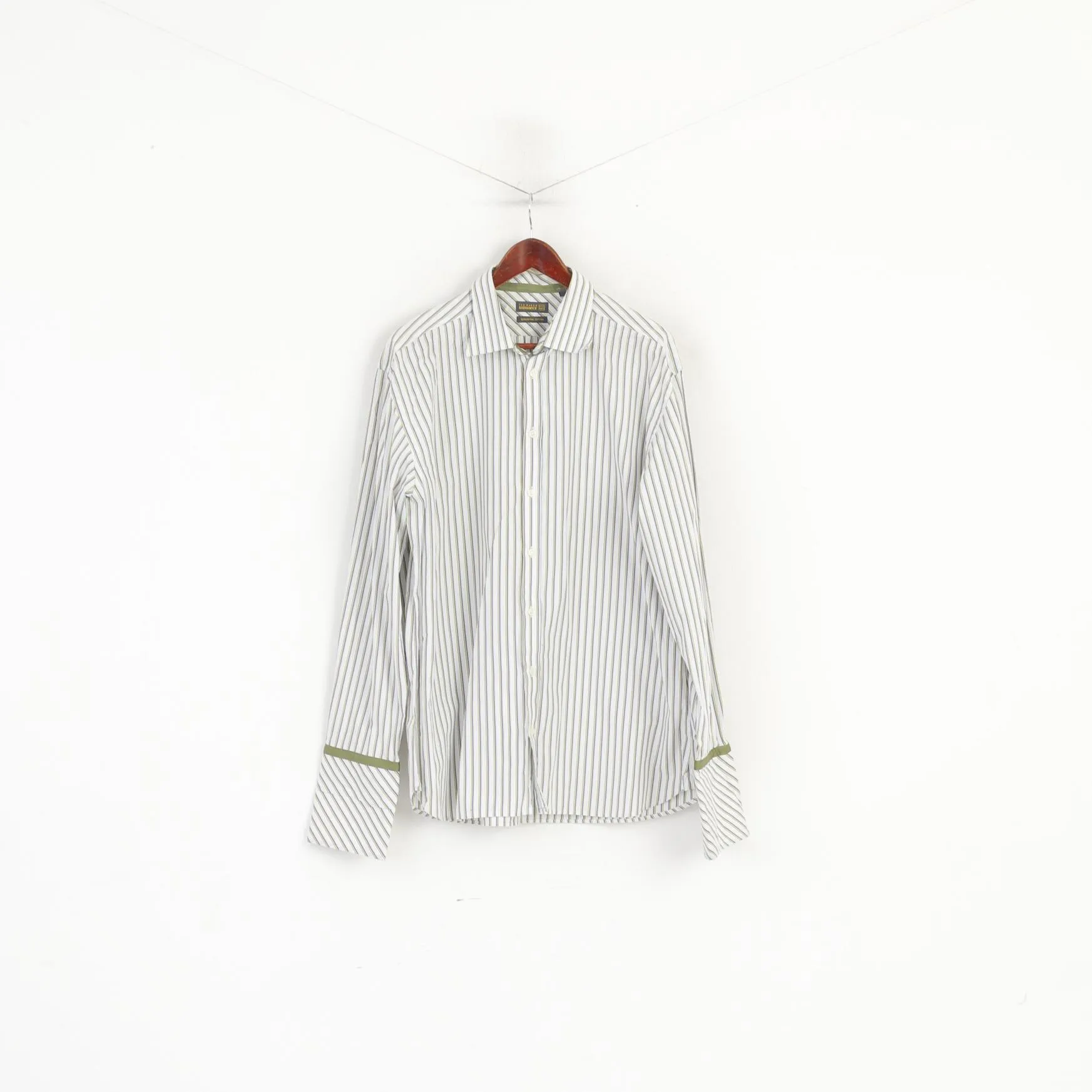 Ted Baker Endurance Men 17.5 44.5 XL Casual Shirt Green Striped Cotton Cuff Top