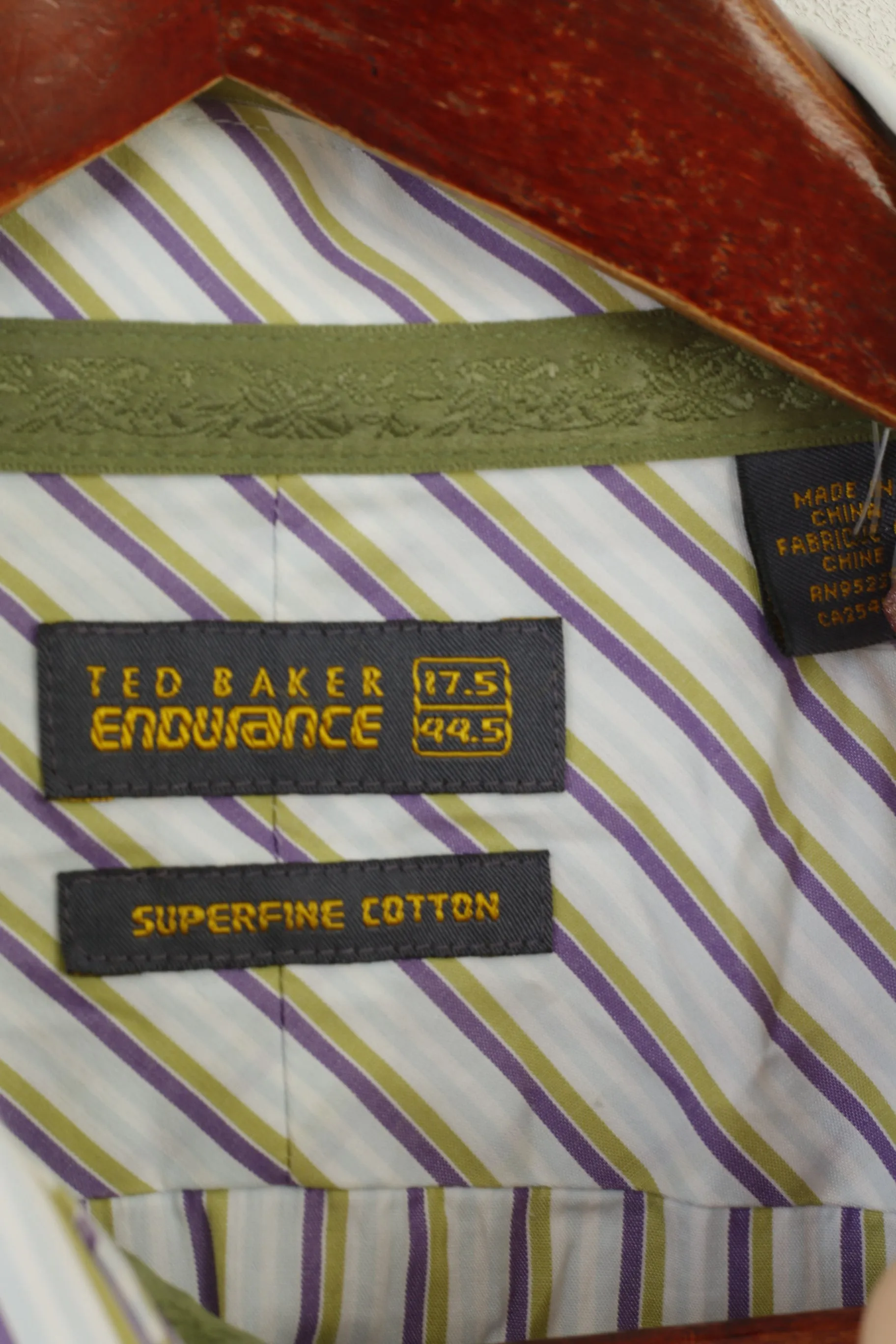 Ted Baker Endurance Men 17.5 44.5 XL Casual Shirt Green Striped Cotton Cuff Top