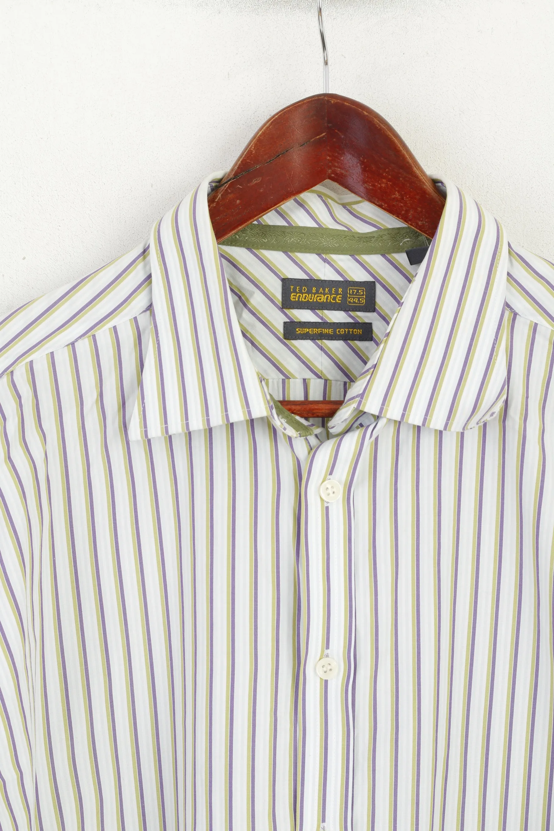 Ted Baker Endurance Men 17.5 44.5 XL Casual Shirt Green Striped Cotton Cuff Top