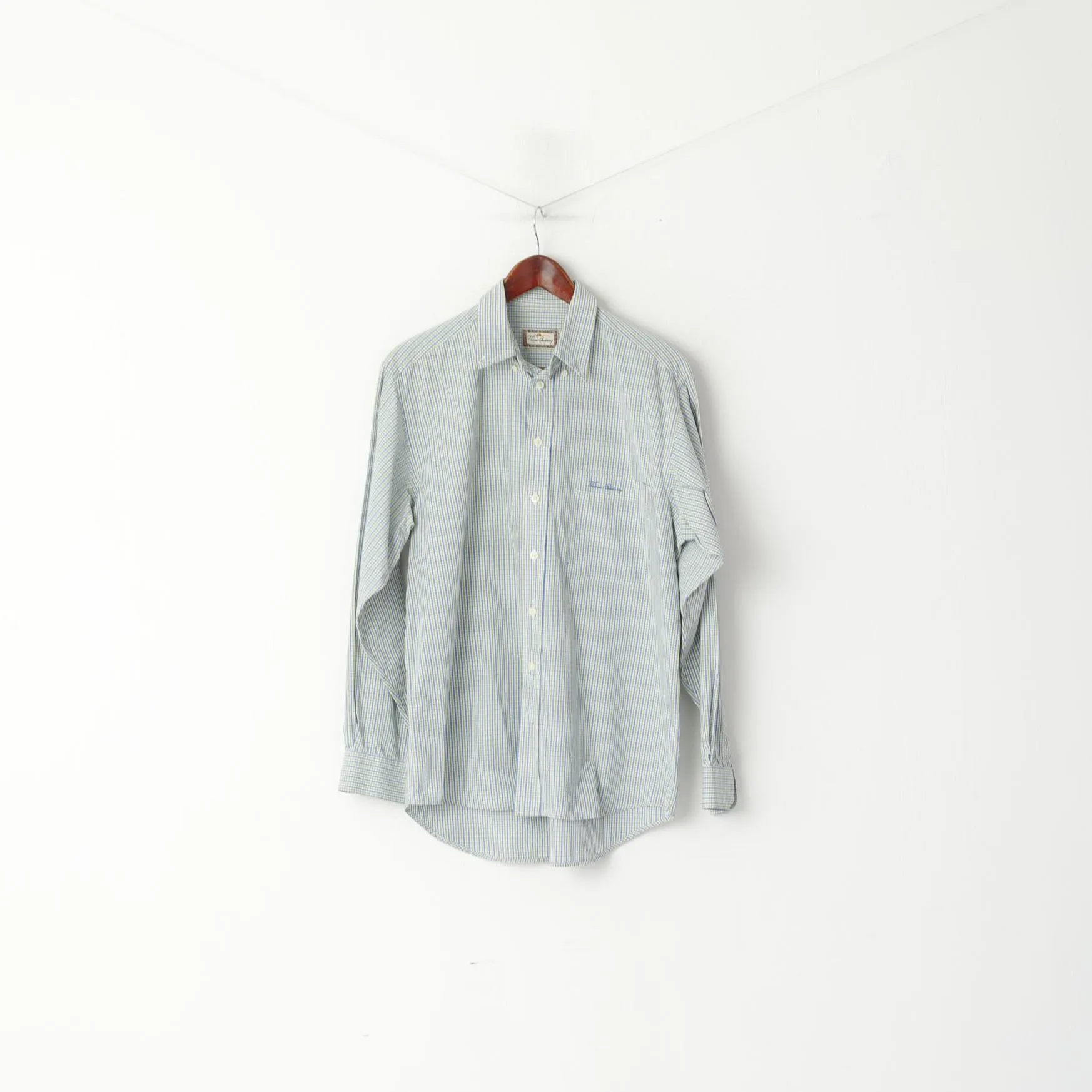 Thomas Burberry Men M Casual Shirt Blue Green Check Cotton Long Sleeve Top