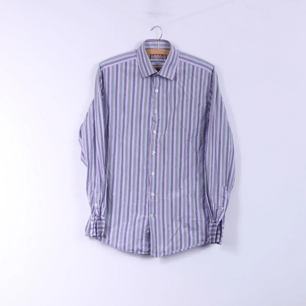 Thomas Pink Men 15.5 39 S/M Casual Shirt Pink Striped Slim Fit Cotton Long Sleeve Top