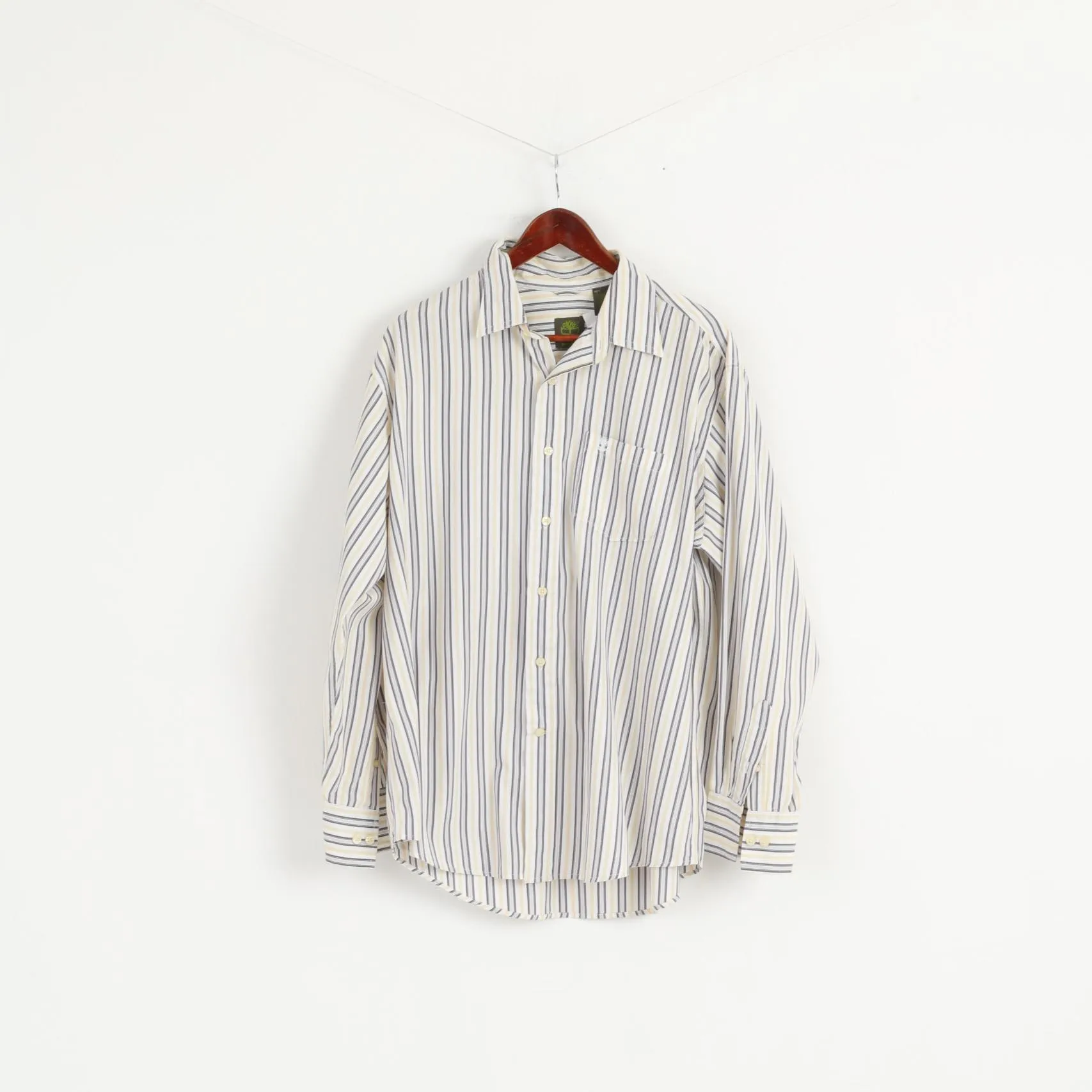 Timberland Men L Casual Shirt White Yellow Striped Cotton Organic Long Sleeve