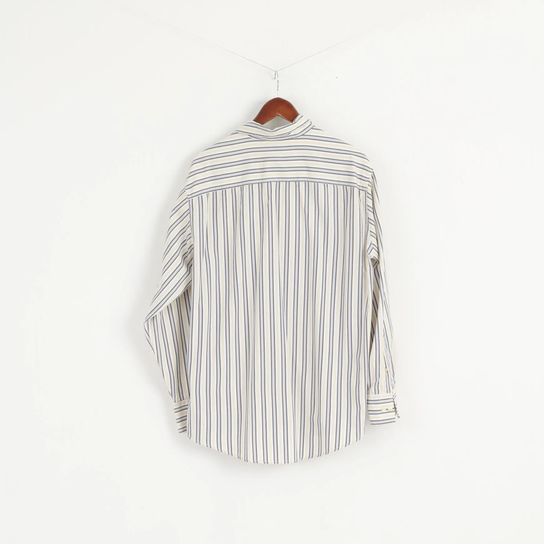 Timberland Men L Casual Shirt White Yellow Striped Cotton Organic Long Sleeve