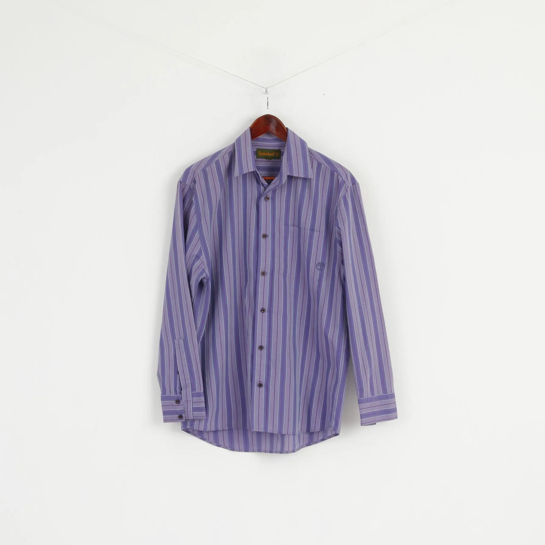 Timberland Men M Casual Shirt Purple Striped Cotton Long Sleeve Classic Top