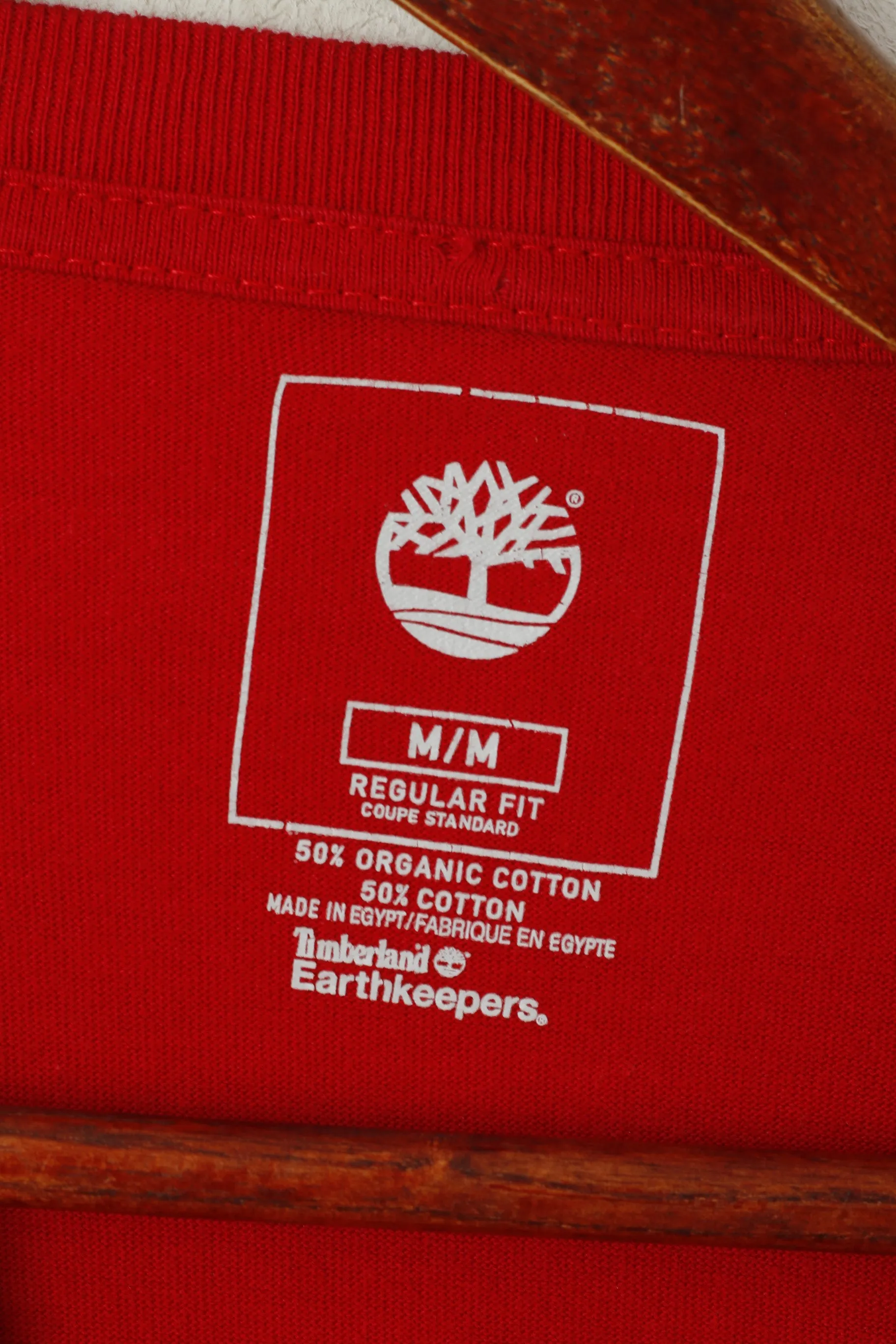 Timberland Men M Long Sleeved Shirt Red Cotton Regular Fit Graphic Earthkeepers Top
