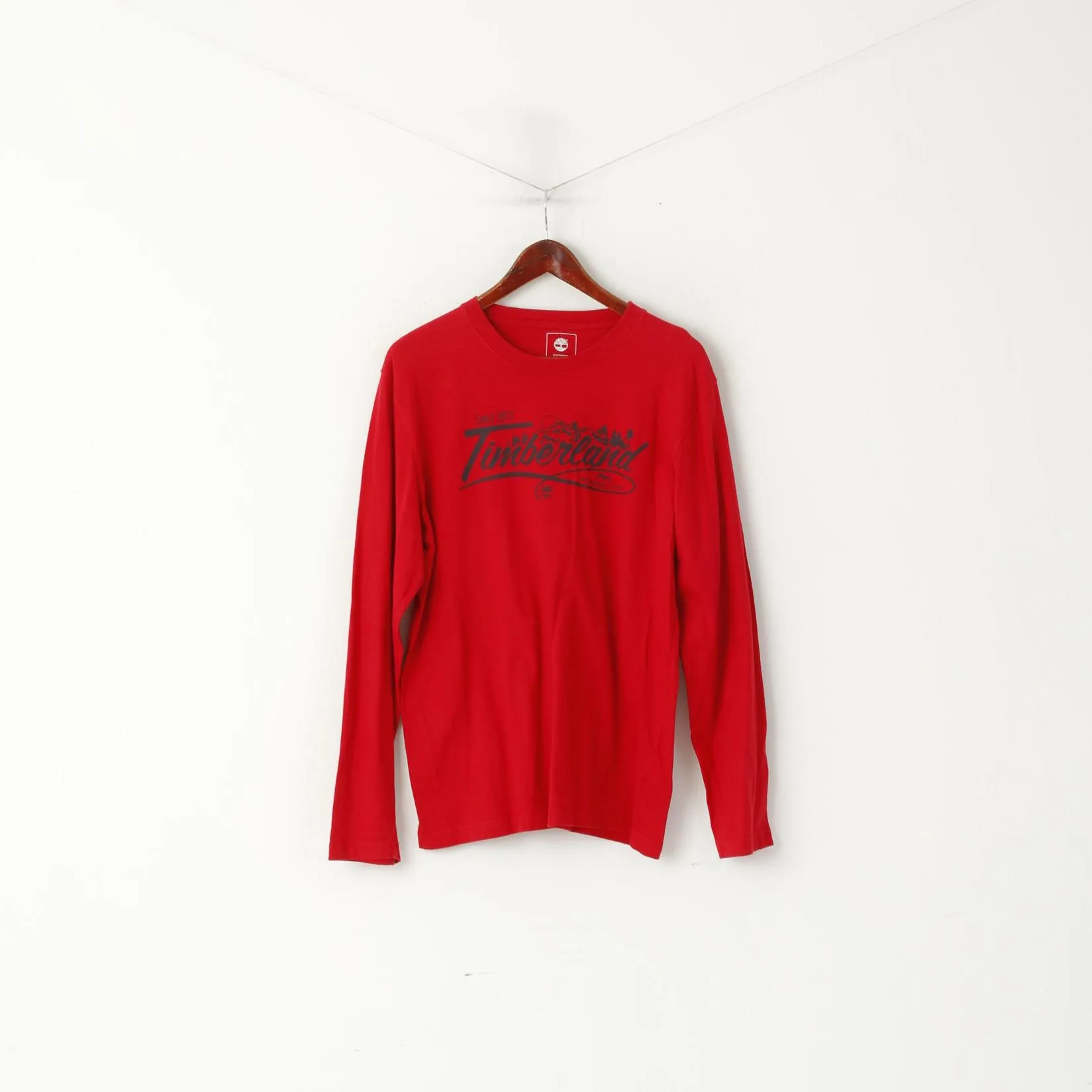 Timberland Men M Long Sleeved Shirt Red Cotton Regular Fit Graphic Earthkeepers Top