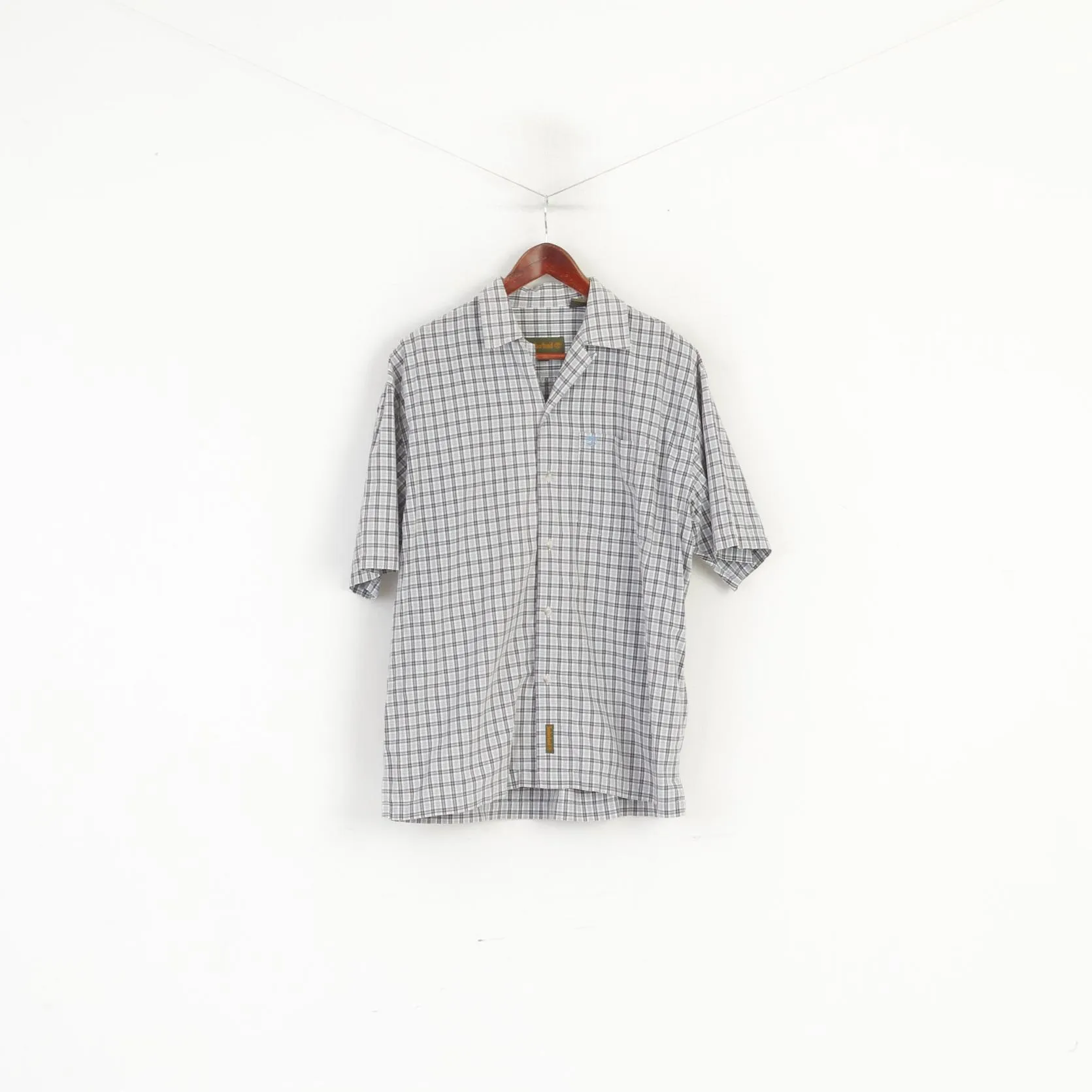 Timberland Men S (L) Casual Shirt Blue Cotton Check Vintage Short Sleeve Top