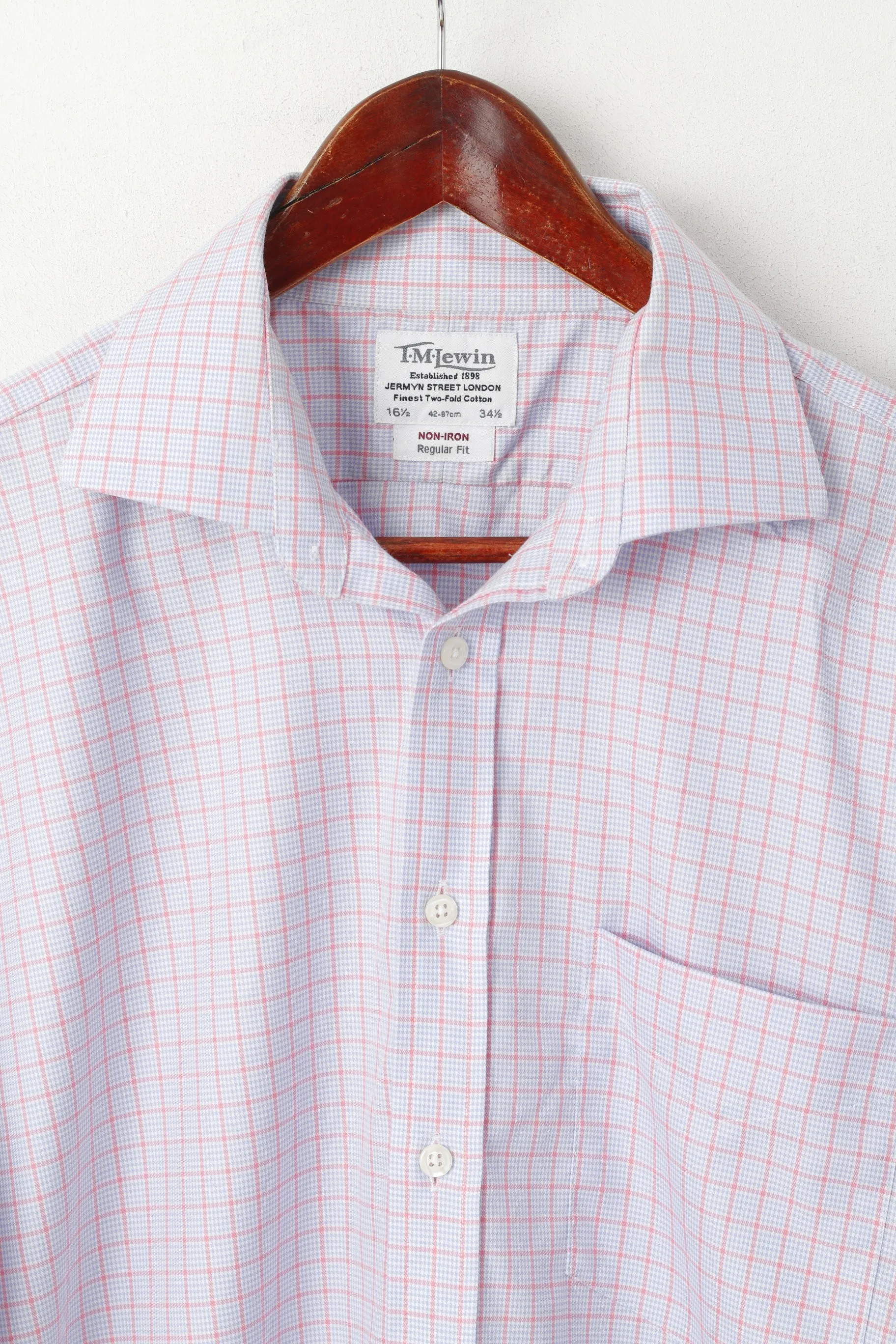T.M. Lewin Men 16.5 34.5 XL Casual Shirt Blue Pink Check Regular Fit Cotton Long Sleeve Top