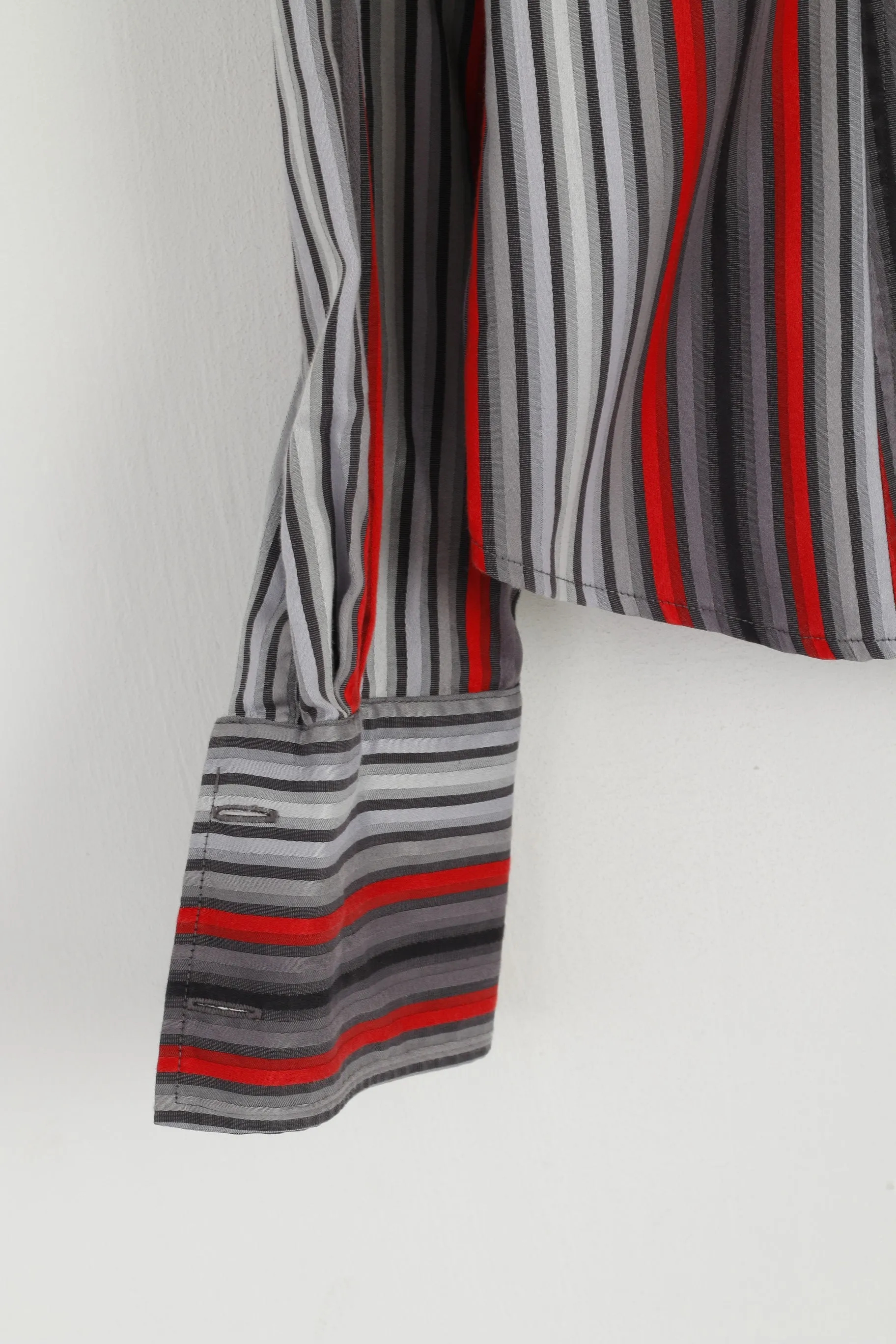 TM Lewin Women 10 S Casual Shirt Grey Red Striped Cotton Long Sleeve Fitted Top