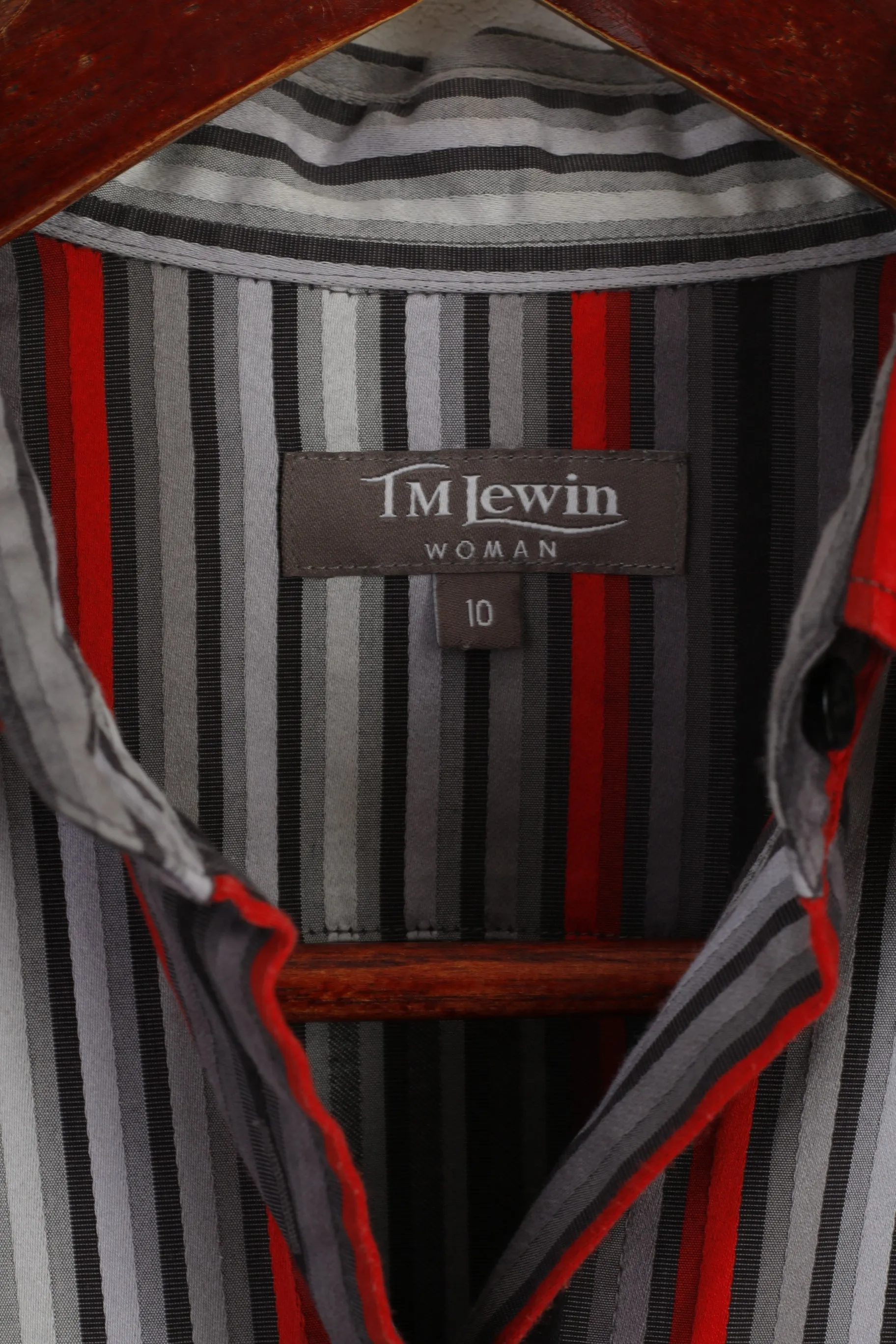 TM Lewin Women 10 S Casual Shirt Grey Red Striped Cotton Long Sleeve Fitted Top