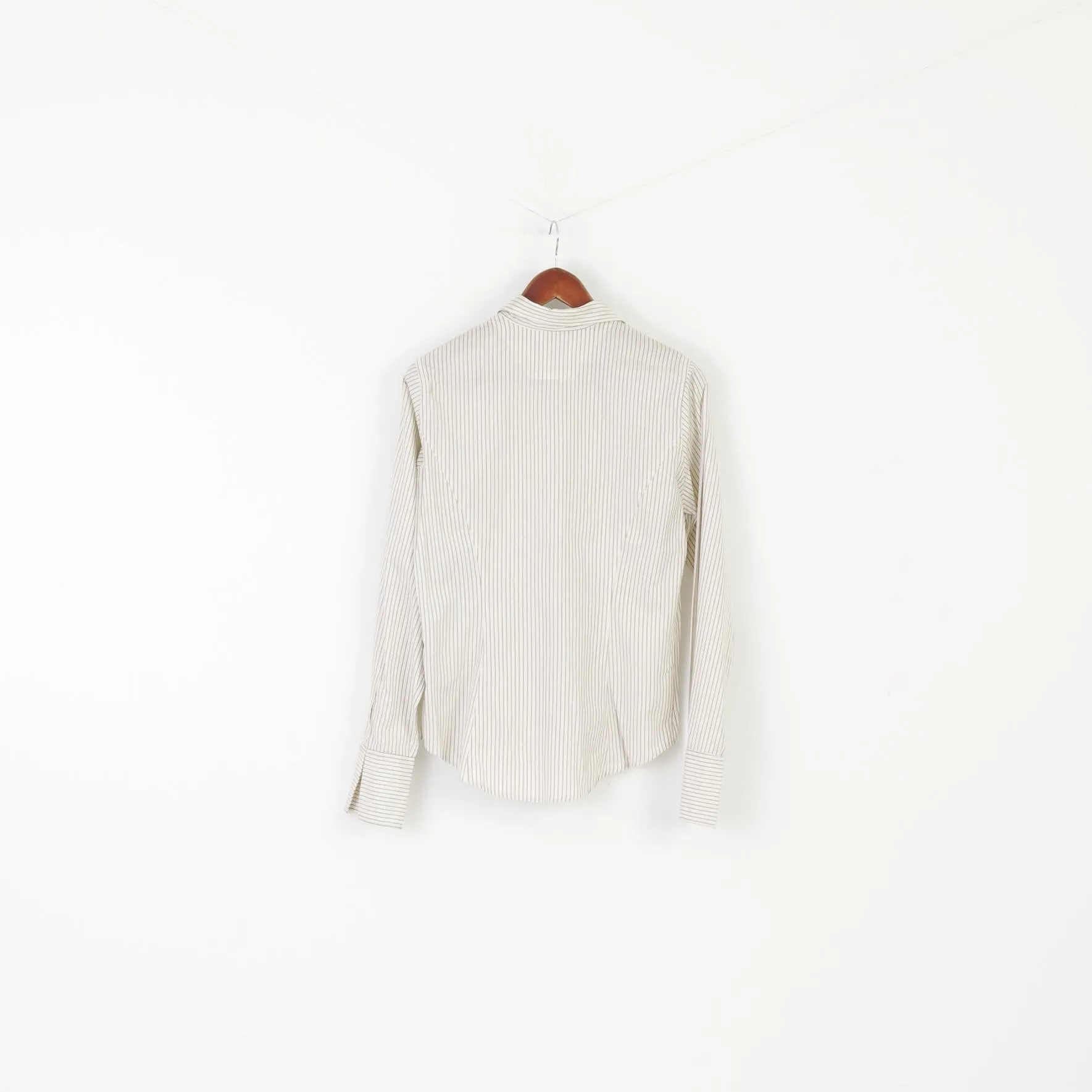 T.M. Lewin Women 14 M Casual Shirt Beige Cotton Shiny Striped Long Sleeve Top
