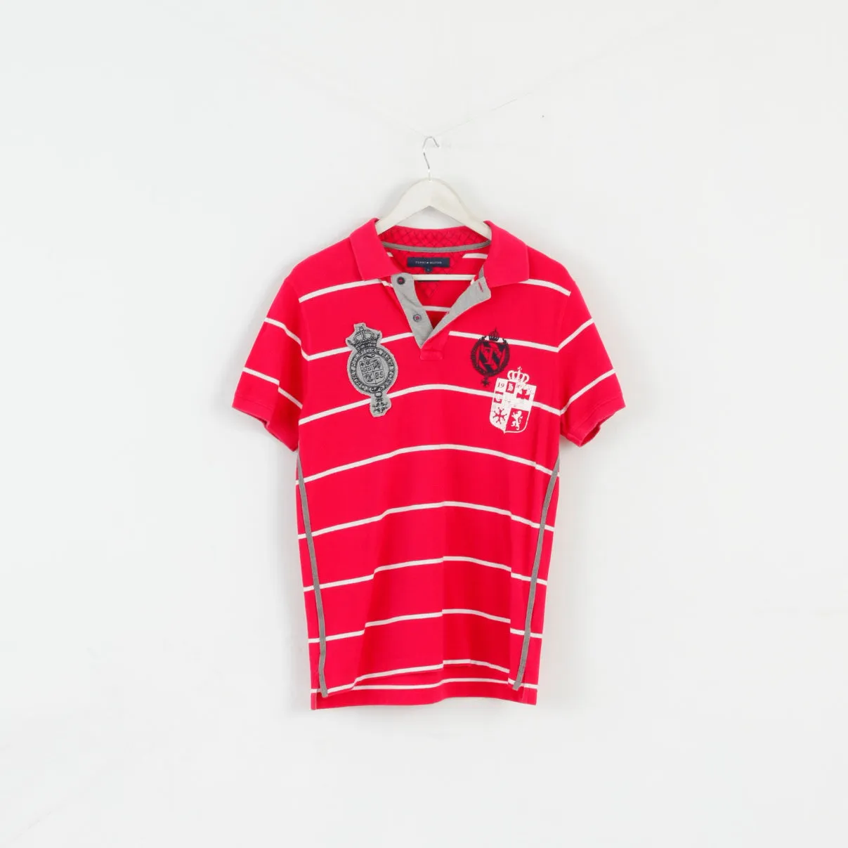 Tommy Hilfiger Men L Polo Shirt Amaranth Striped Slim Fit Cotton Stretch Top