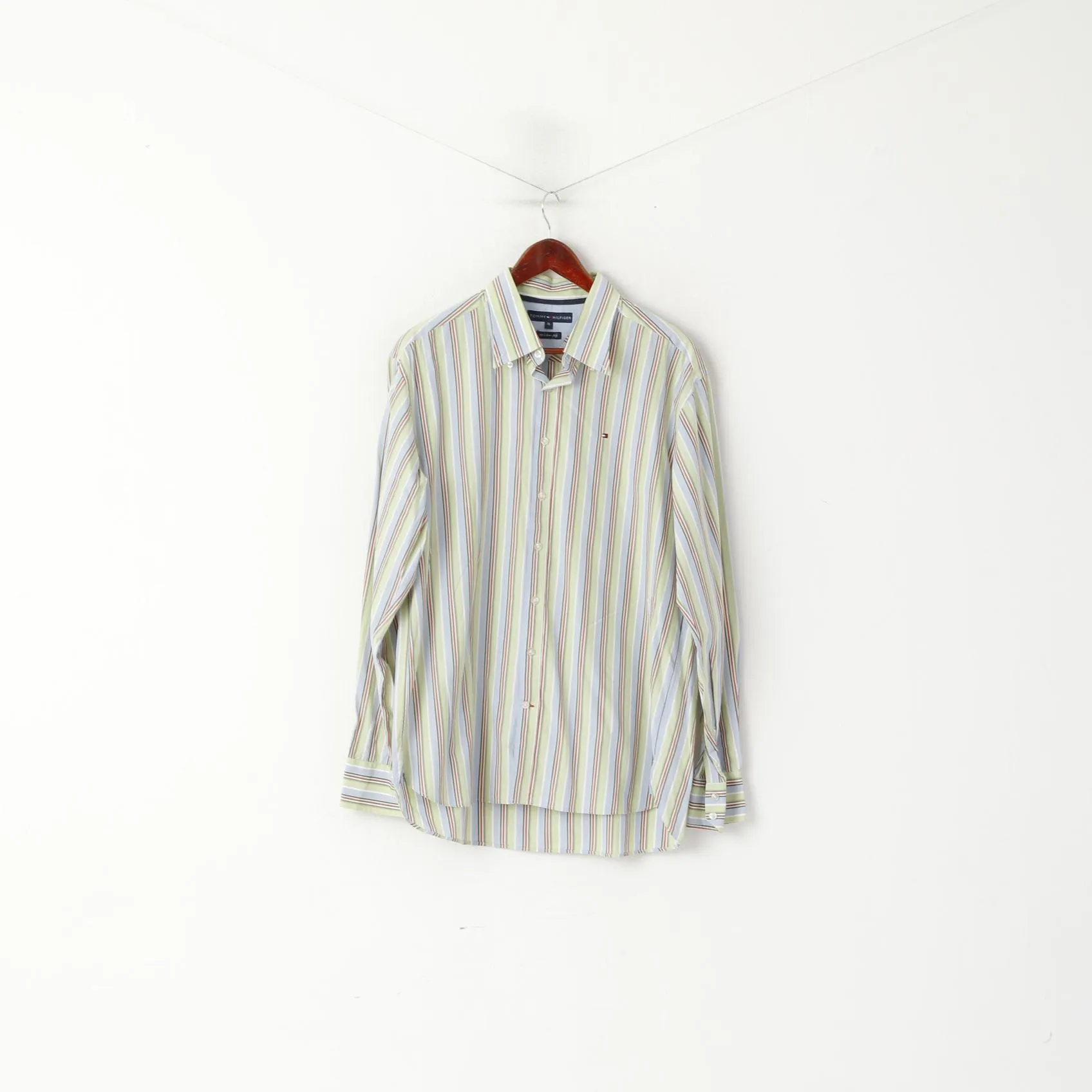 Tommy Hilfiger Men XL Casual Shirt Blue Green Striped Cotton Button Dwon Collar Top