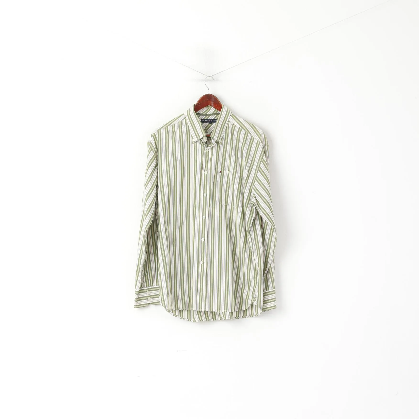 Tommy Hilfiger Men XL Casual Shirt Green Striped Cotton Long Sleeve Pocket Top