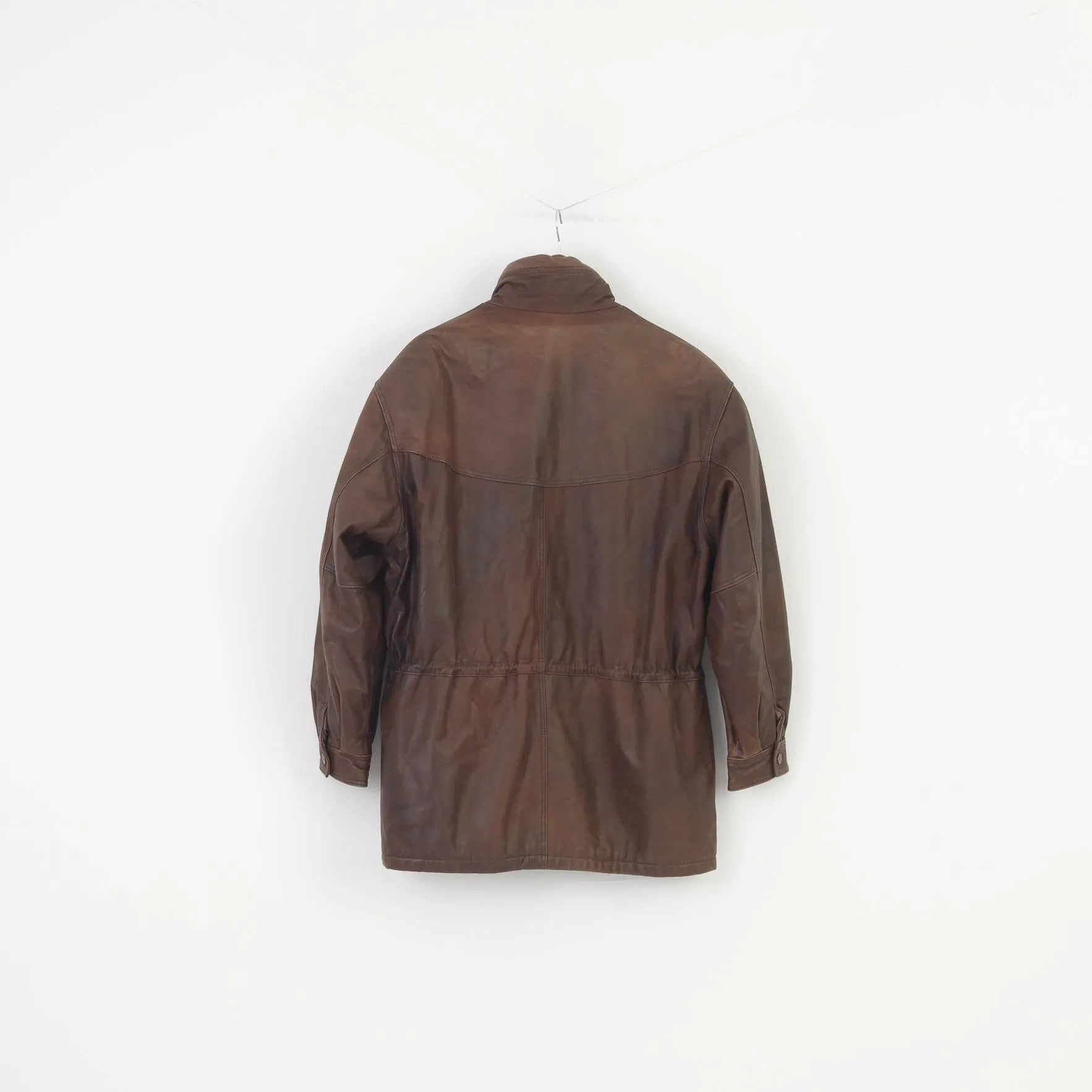 Trapper Men 52 L Leather Jacket Vintage  Brown Full Zipper Collar Pockets Top